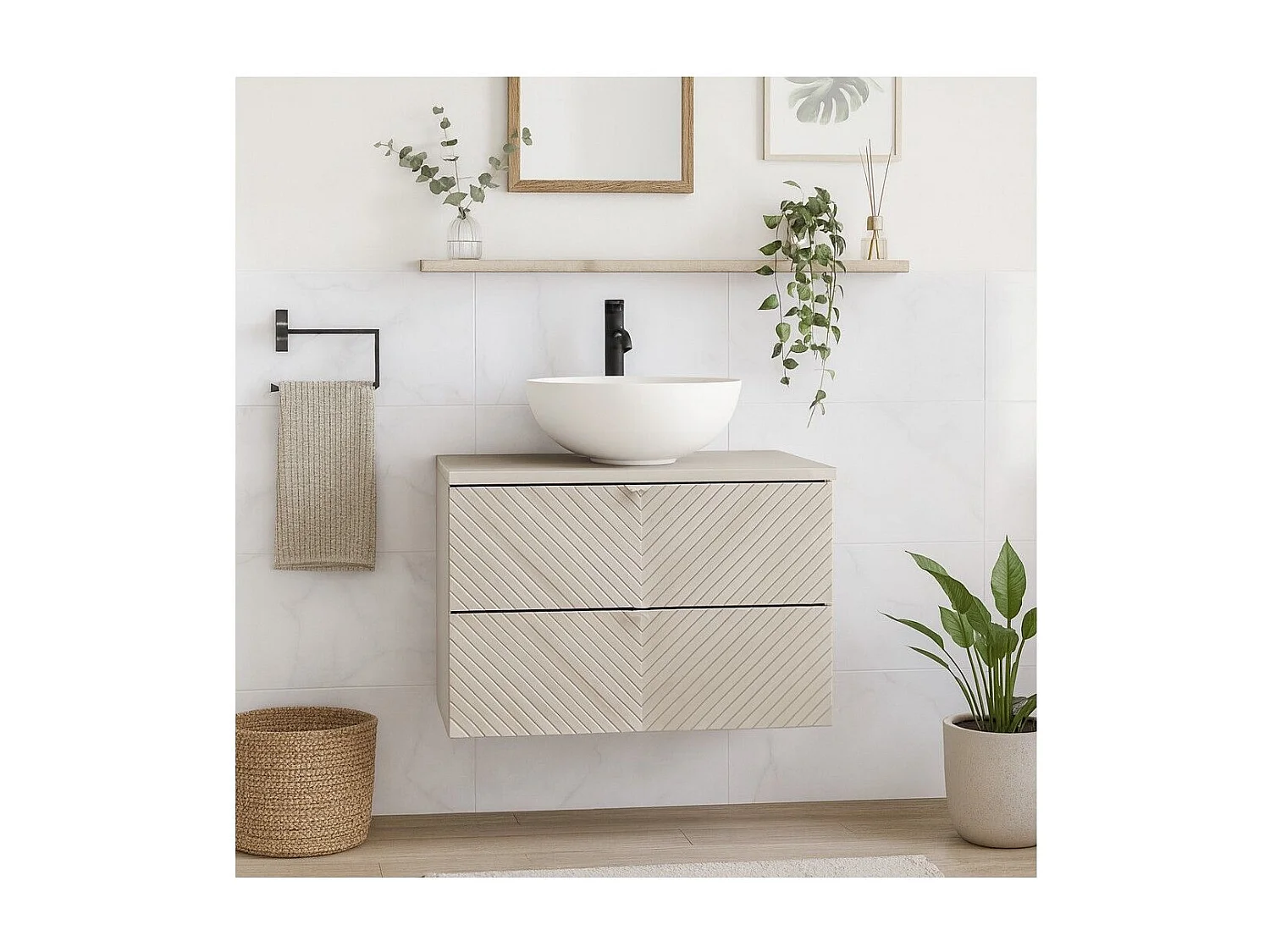 Ensemble de salle de bain AOKI : meuble sous vasque à tiroirs 60cm + plan vasque beige