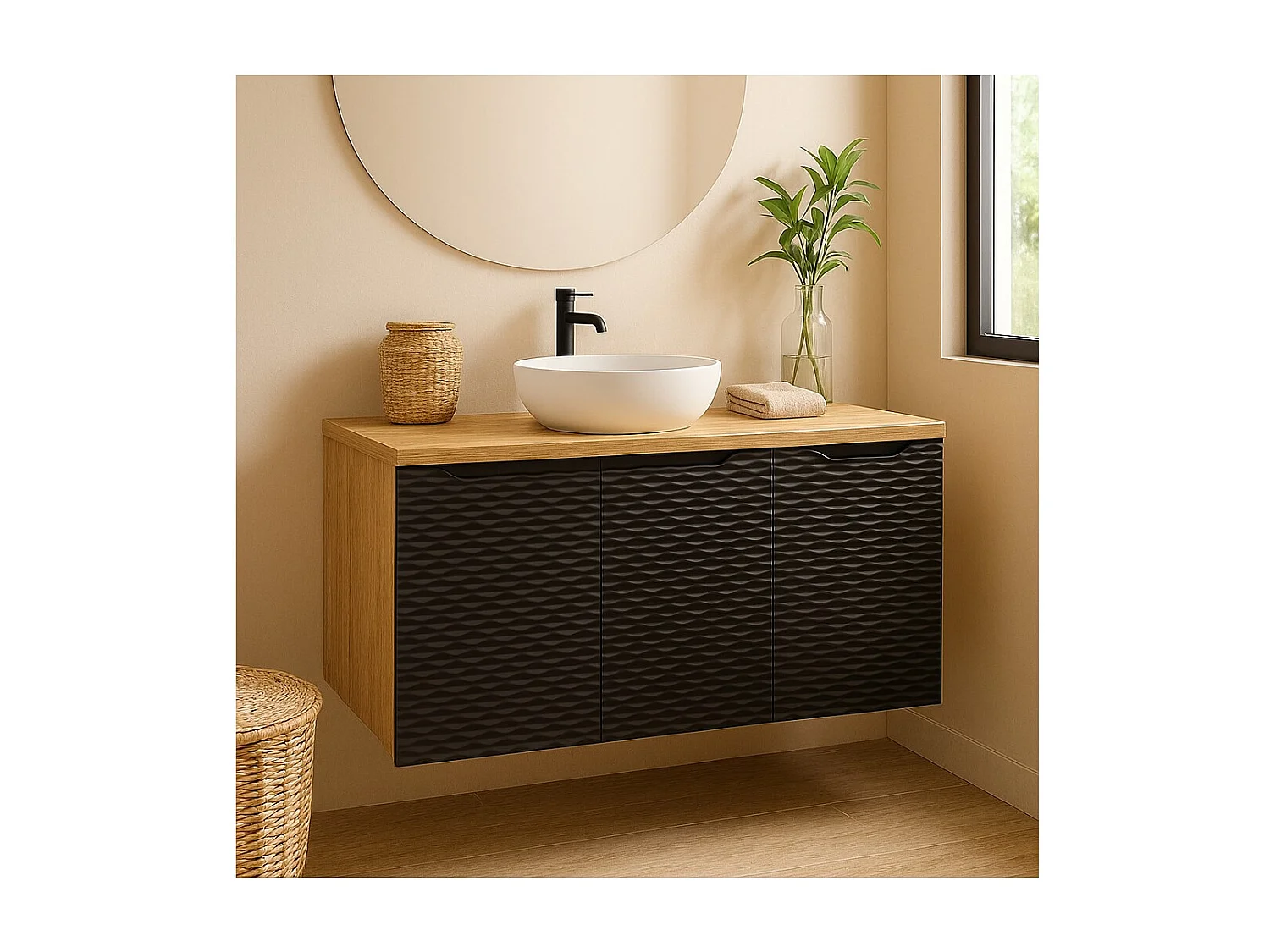 Ensemble de salle de bain YOKA noir : meubles sous vasque à placards 90cm + plan vasque