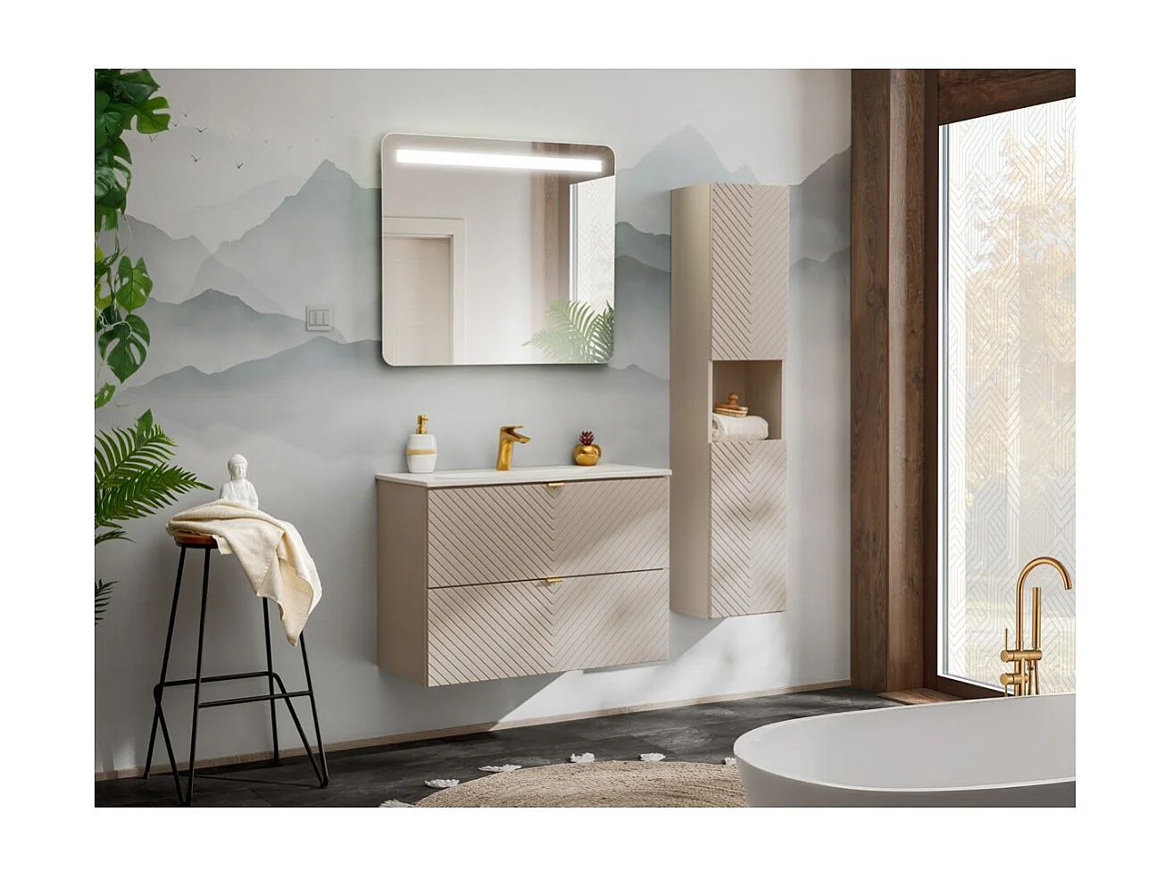 Meuble sous vasque AOKI – 2 tiroirs – Finition beige cachemire à motifs chevron et poignées dorées – L80 × P39 × H57 cm – À susp