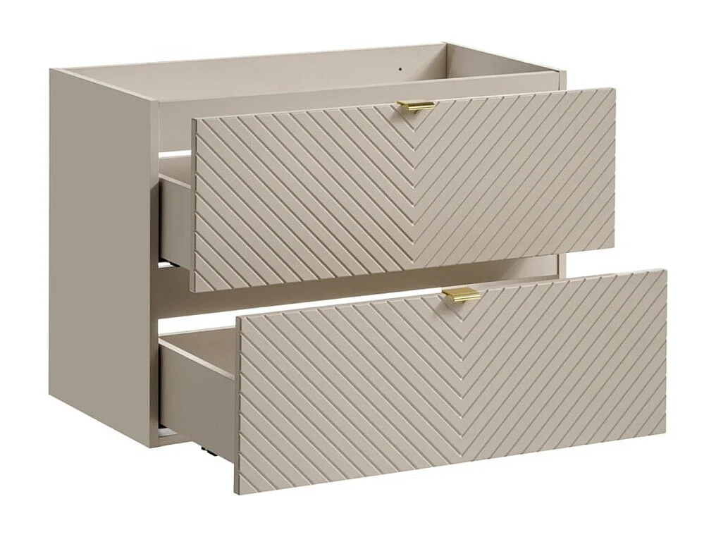 Meuble sous vasque AOKI – 2 tiroirs – Finition beige cachemire à motifs chevron et poignées dorées – L80 × P39 × H57 cm – À susp