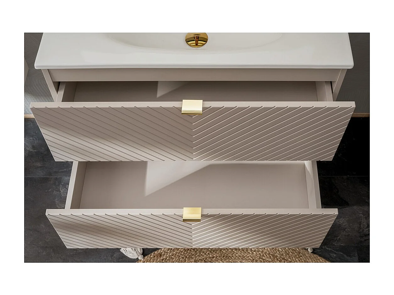 Meuble sous vasque AOKI – 2 tiroirs – Finition beige cachemire à motifs chevron et poignées dorées – L80 × P39 × H57 cm – À susp
