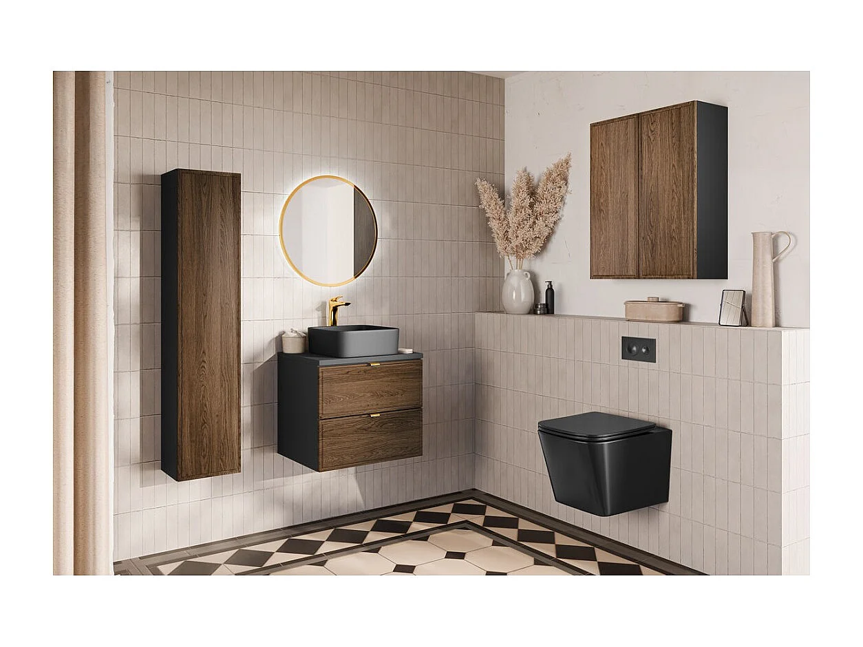 Meuble sous vasque SAVIA 60 cm marron et noir – 2 tiroirs – suspendus