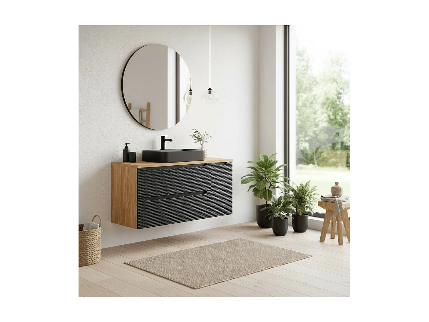 Ensemble de salle de bain YOKA noir : meuble sous vasque à tiroirs et placard 120 cm + plan vasque