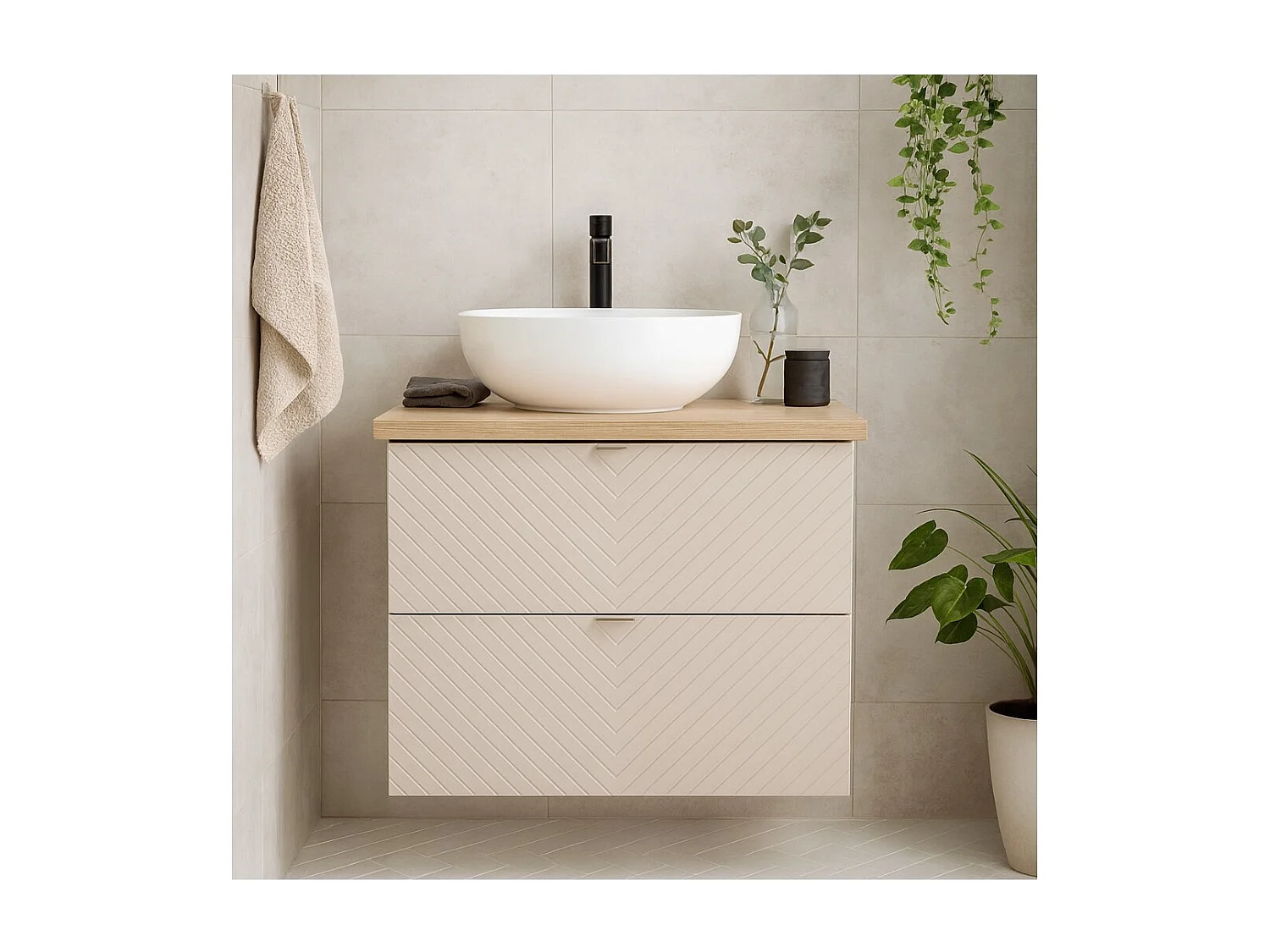 Conjunto para baño AOKI: mueble bajo lavabo con cajones 60cm + encimera con aspecto de madera