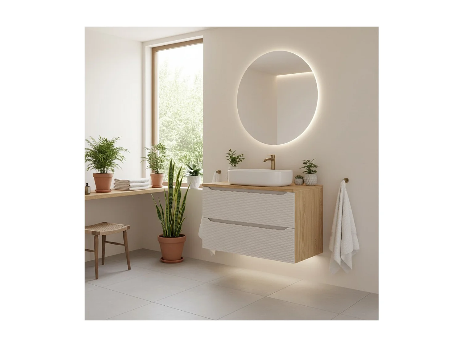 Ensemble de salle de bain YOKA beige : meuble sous vasque à tiroirs 90 cm + plan vasque