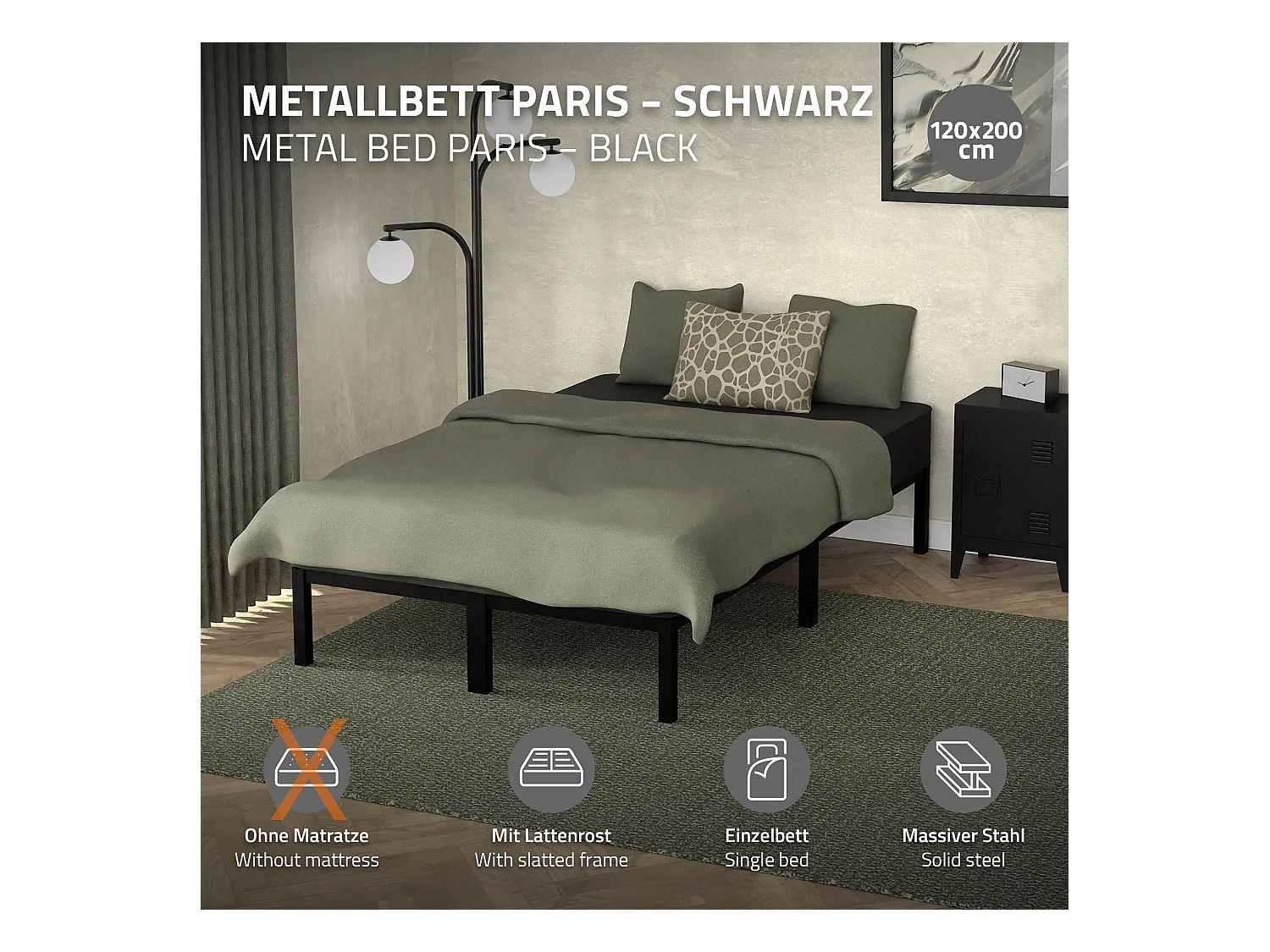 Cadre de lit en acier sommier à lattes noir moderne 120x200 cm ML-DESIGN