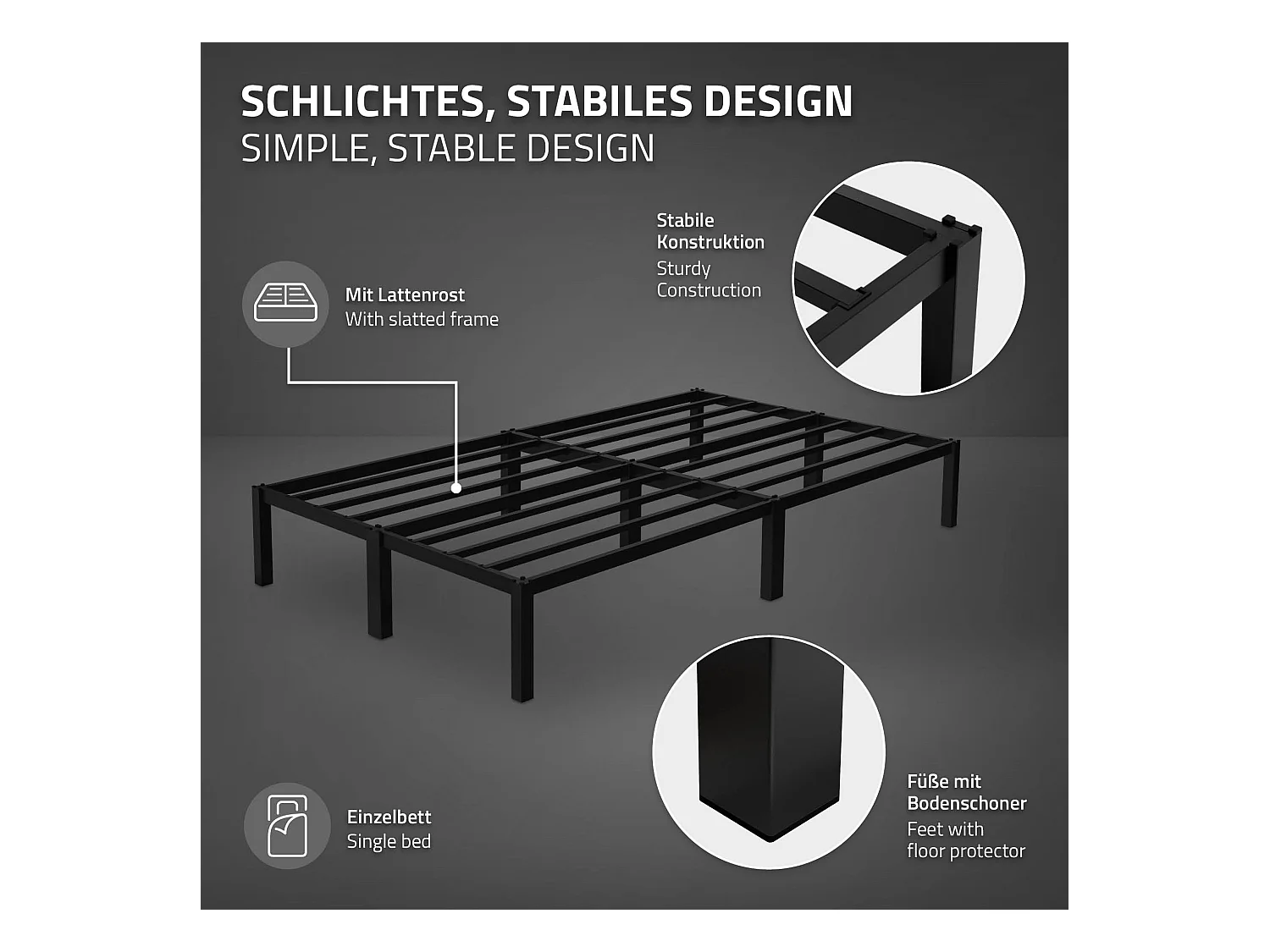 Cadre de lit en acier sommier à lattes noir moderne 120x200 cm ML-DESIGN