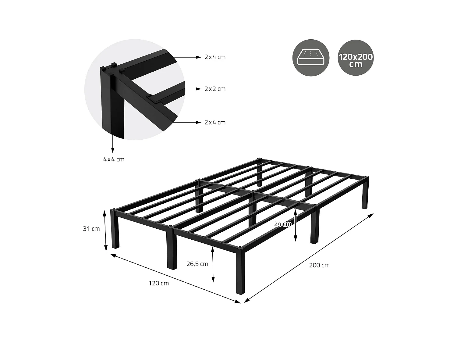 Cadre de lit en acier sommier à lattes noir moderne 120x200 cm ML-DESIGN
