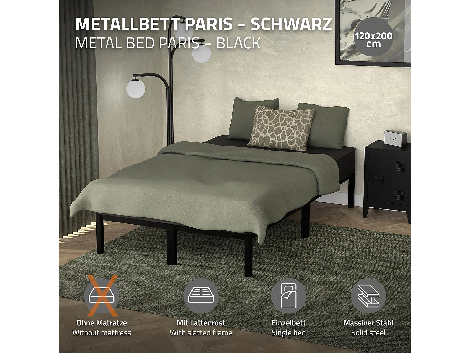 Rete a doghe in acciaio nero camera da letto moderna 120x200 cm ML-DESIGN