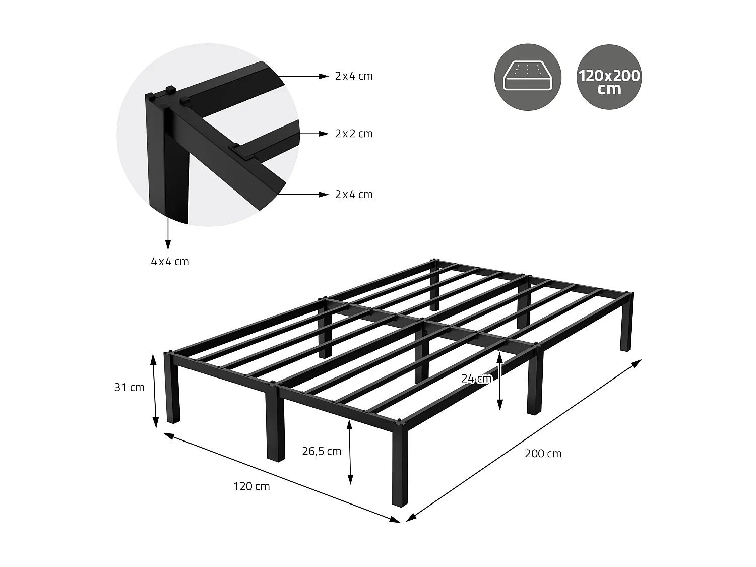 Rete a doghe in acciaio nero camera da letto moderna 120x200 cm ML-DESIGN