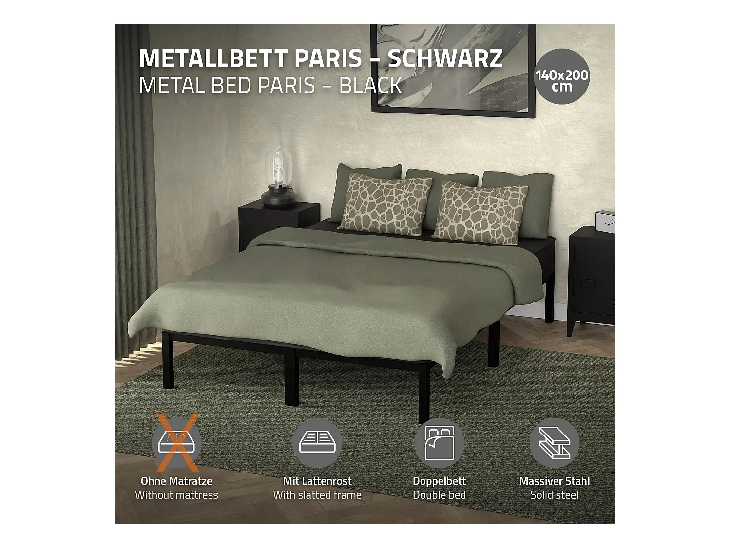 Cadre de lit en acier sommier à lattes noir moderne 140x200 cm ML-DESIGN