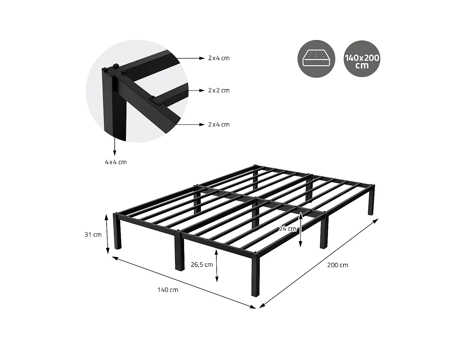 Cadre de lit en acier sommier à lattes noir moderne 140x200 cm ML-DESIGN