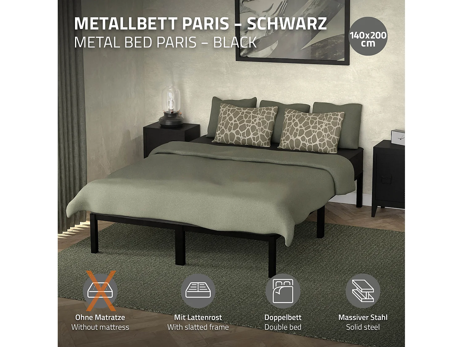 Cadre de lit en acier sommier à lattes noir moderne 140x200 cm ML-DESIGN