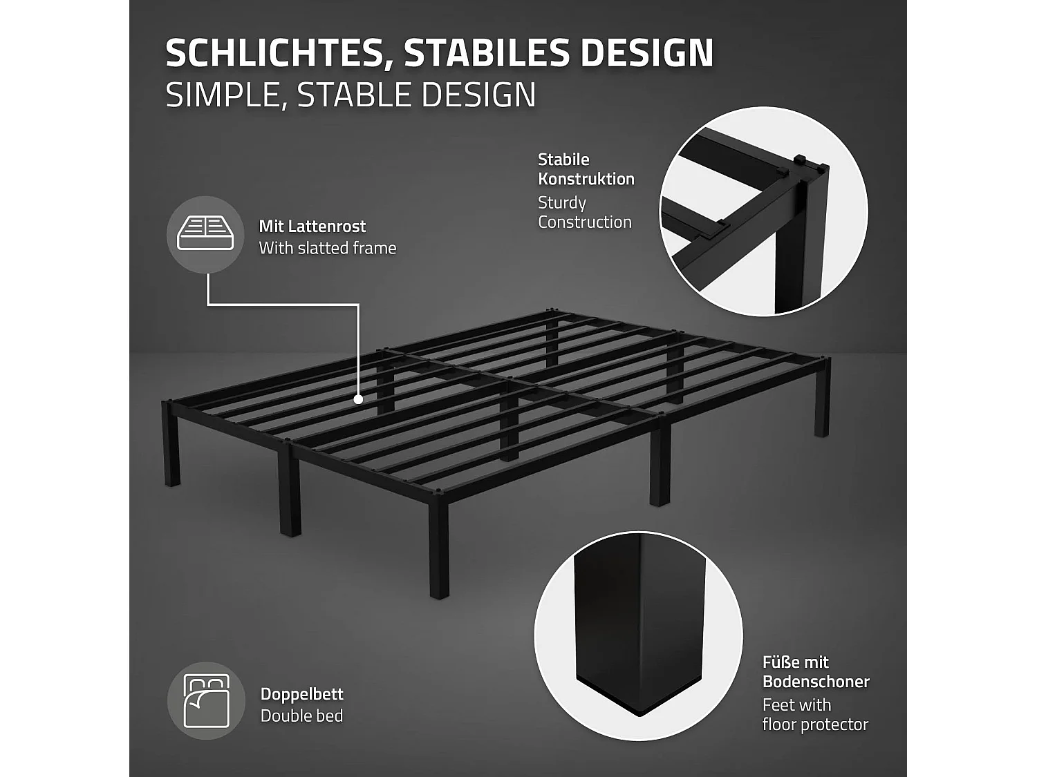 Cadre de lit en acier sommier à lattes noir moderne 140x200 cm ML-DESIGN