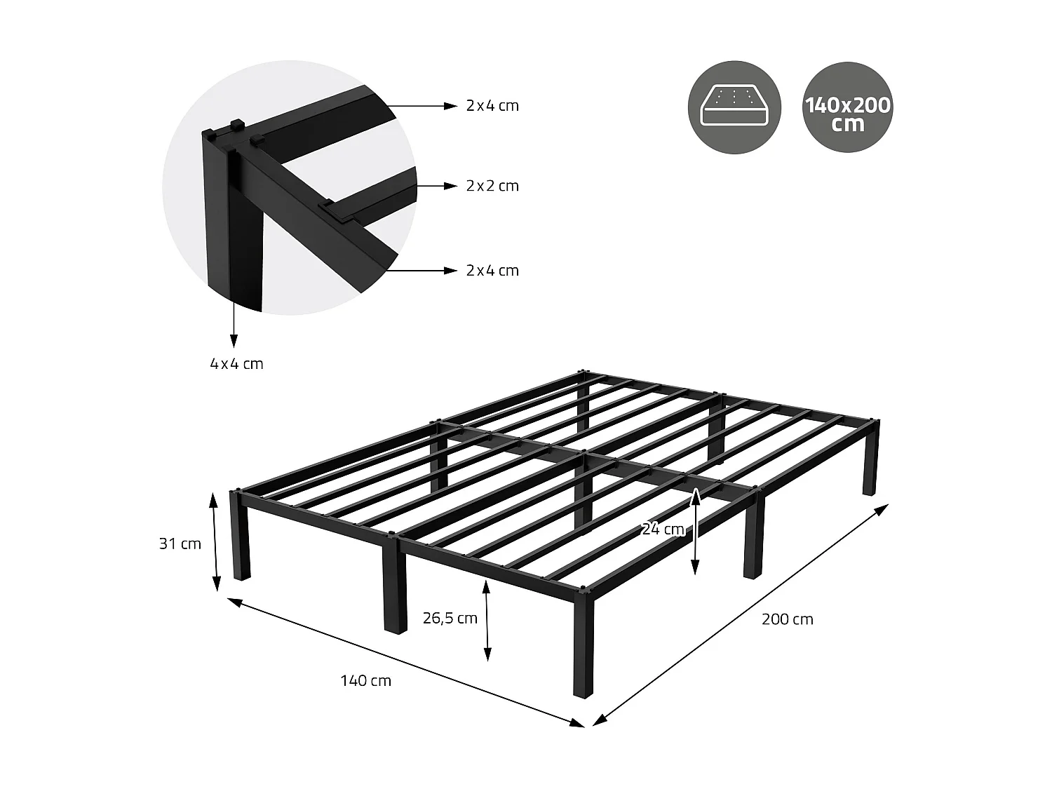 Cadre de lit en acier sommier à lattes noir moderne 140x200 cm ML-DESIGN