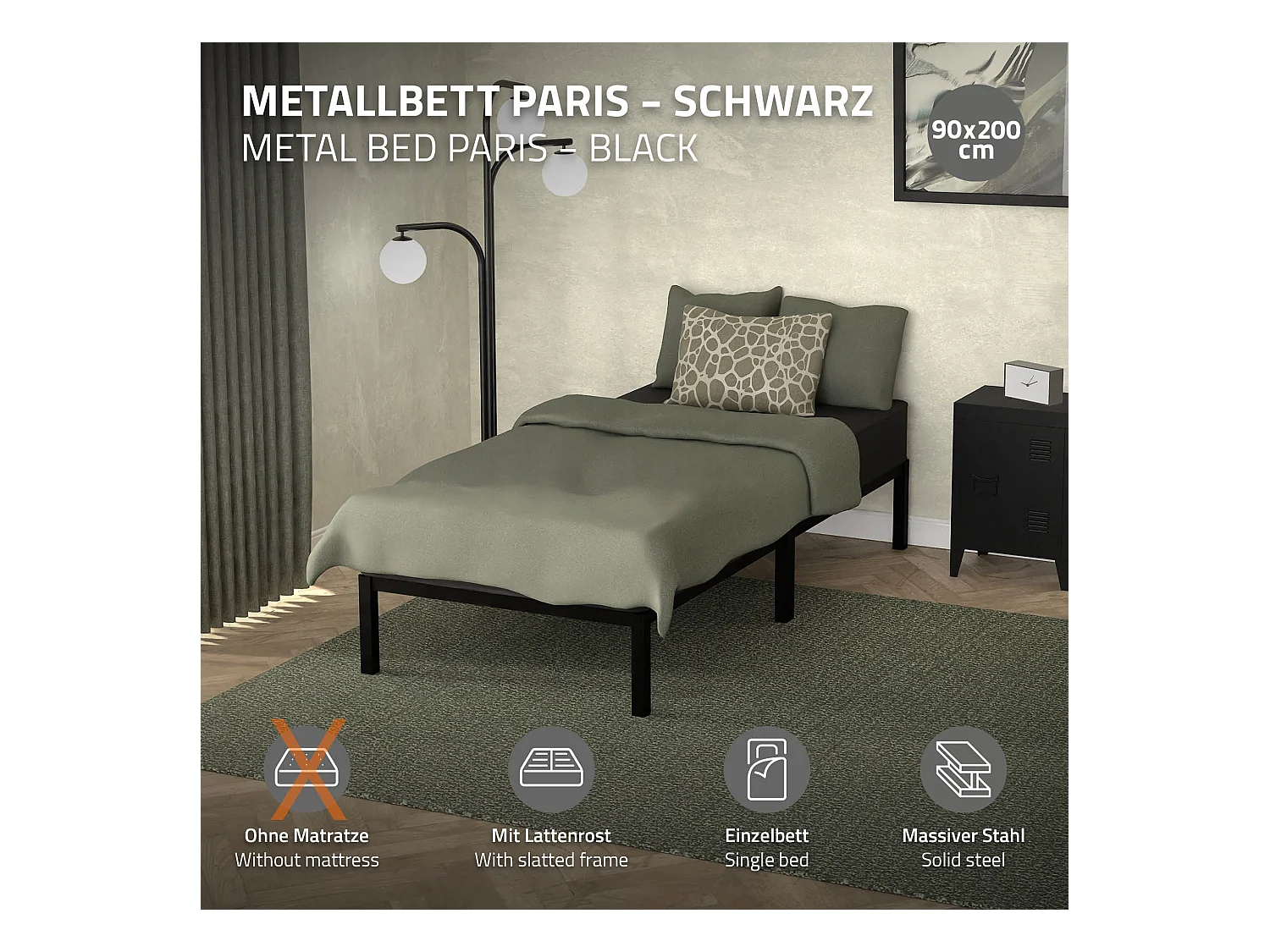 Rete in acciaio a doghe nera per camera da letto moderna 90x200 cm ML-DESIGN