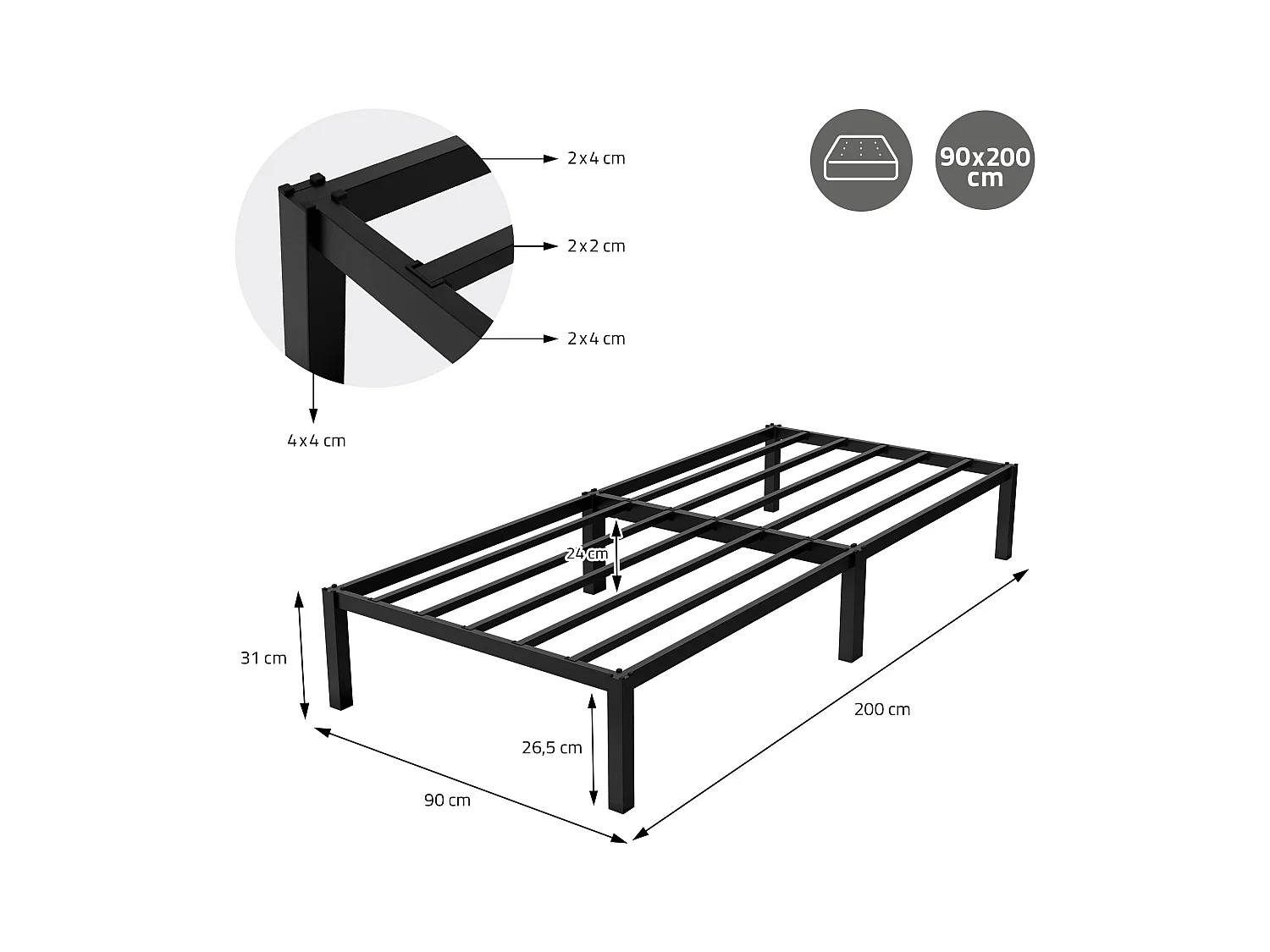 Rete in acciaio a doghe nera per camera da letto moderna 90x200 cm ML-DESIGN