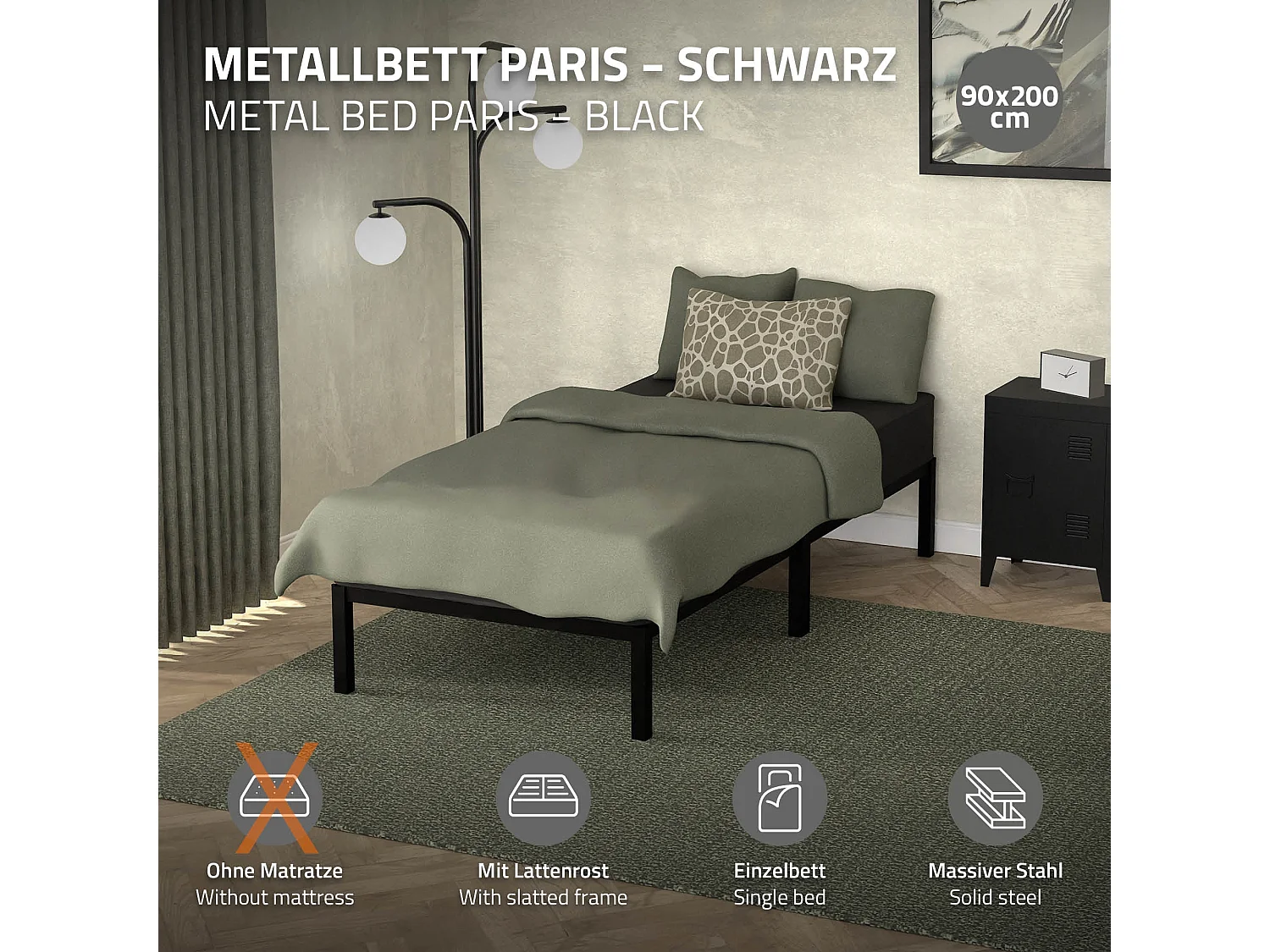 Cadre de lit en acier sommier à lattes noir moderne 90x200 cm ML-DESIGN