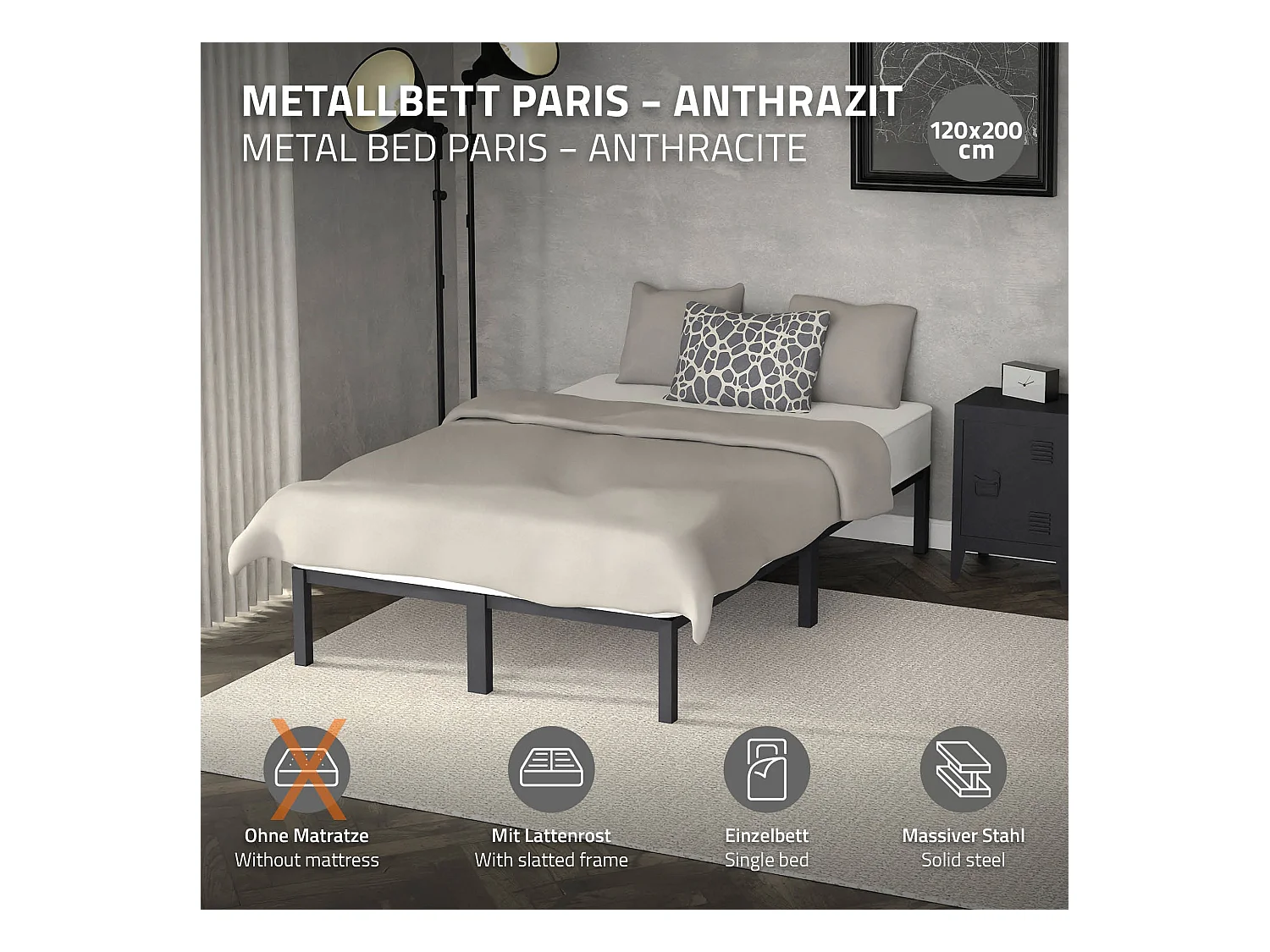 Cadre de lit en acier sommier à lattes anthracite 120 x 200 cm ML-DESIGN