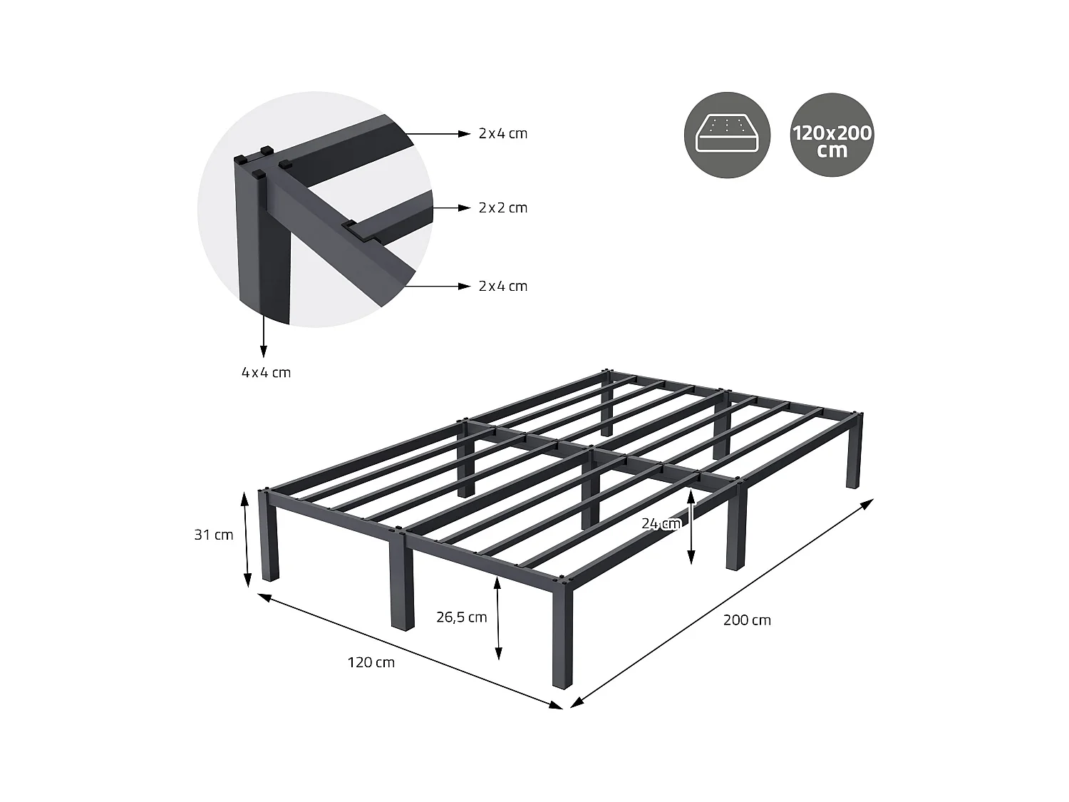 Cadre de lit en acier sommier à lattes anthracite 120 x 200 cm ML-DESIGN