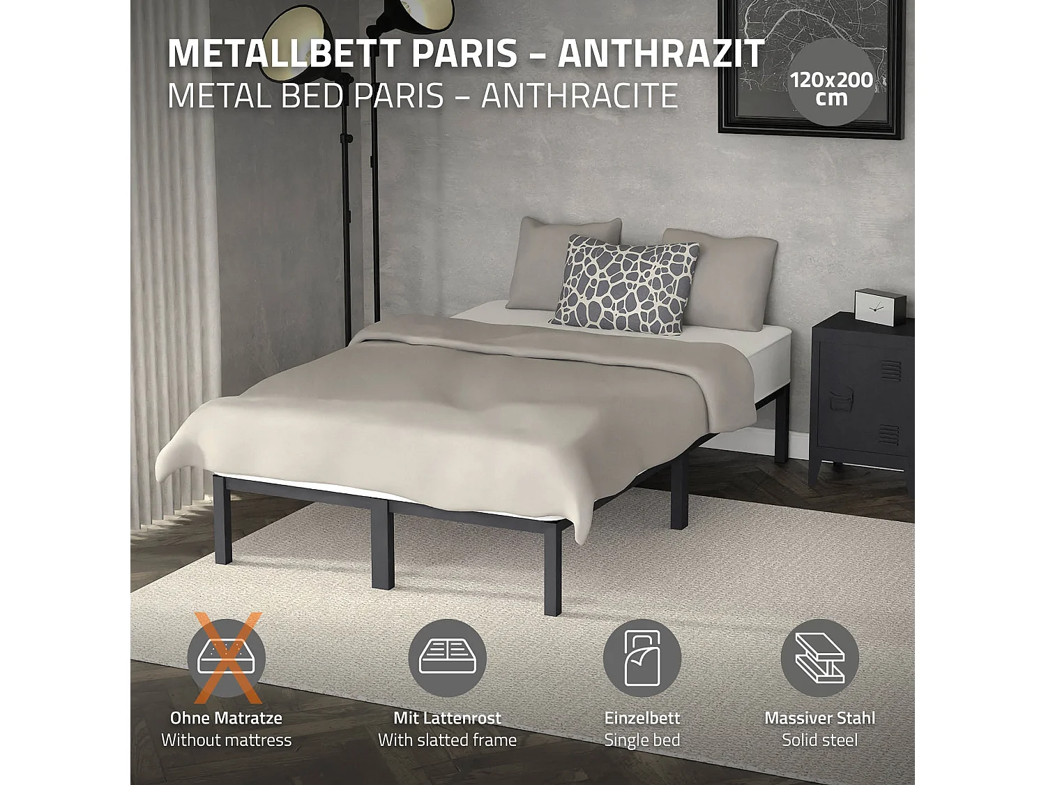 Cadre de lit en acier sommier à lattes anthracite 120 x 200 cm ML-DESIGN