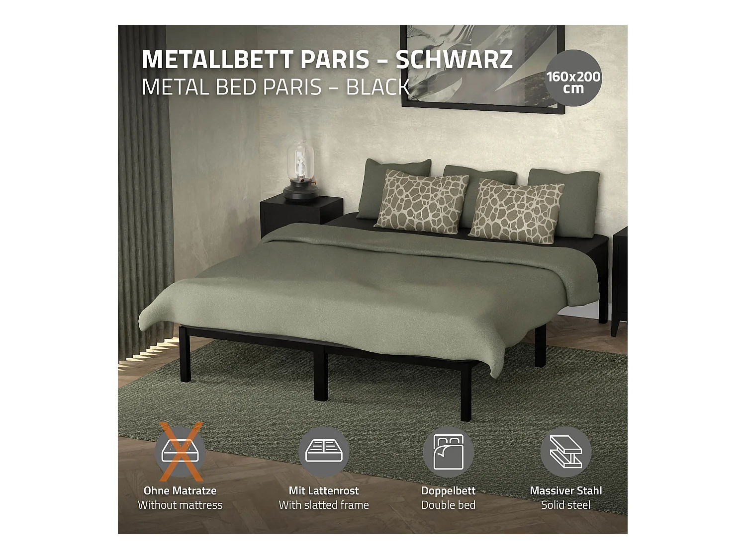 Struttura letto in acciaio nero rete a doghe camera da letto moderna ML-DESIGN