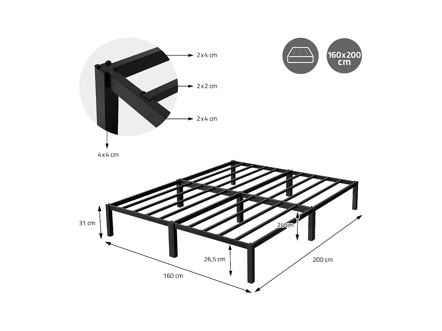 Struttura letto in acciaio nero rete a doghe camera da letto moderna ML-DESIGN