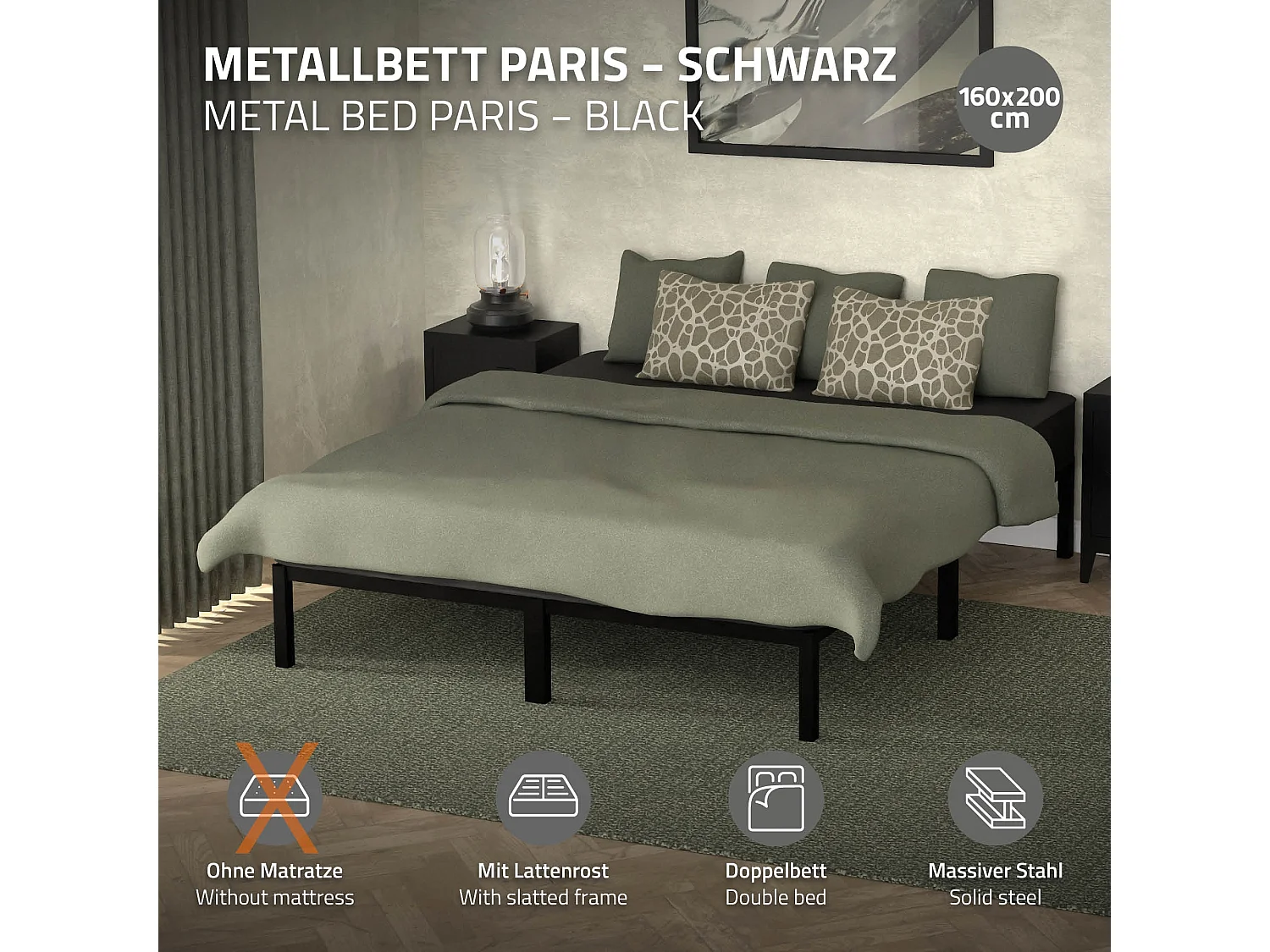 Struttura letto in acciaio nero rete a doghe camera da letto moderna ML-DESIGN