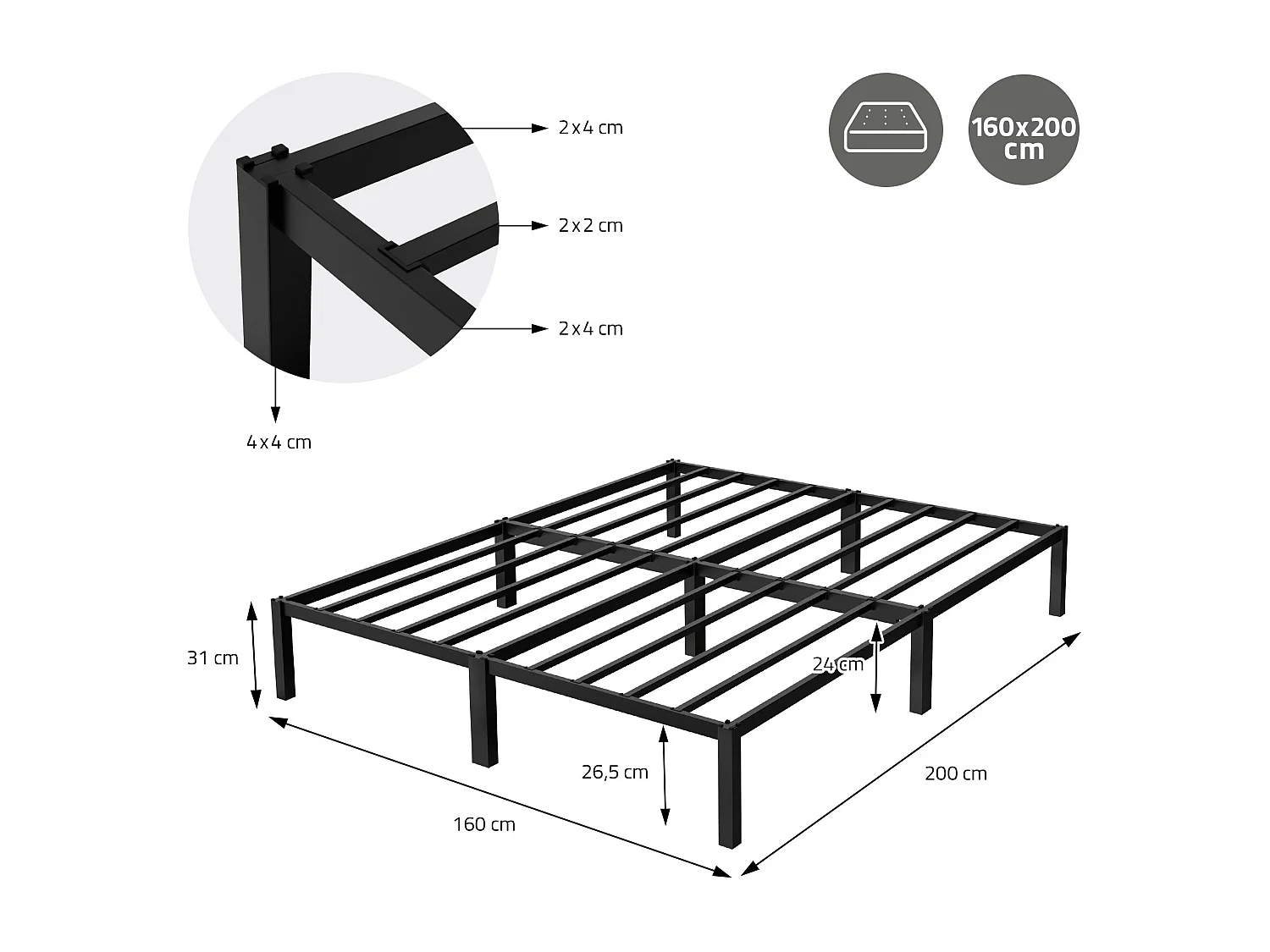 Struttura letto in acciaio nero rete a doghe camera da letto moderna ML-DESIGN