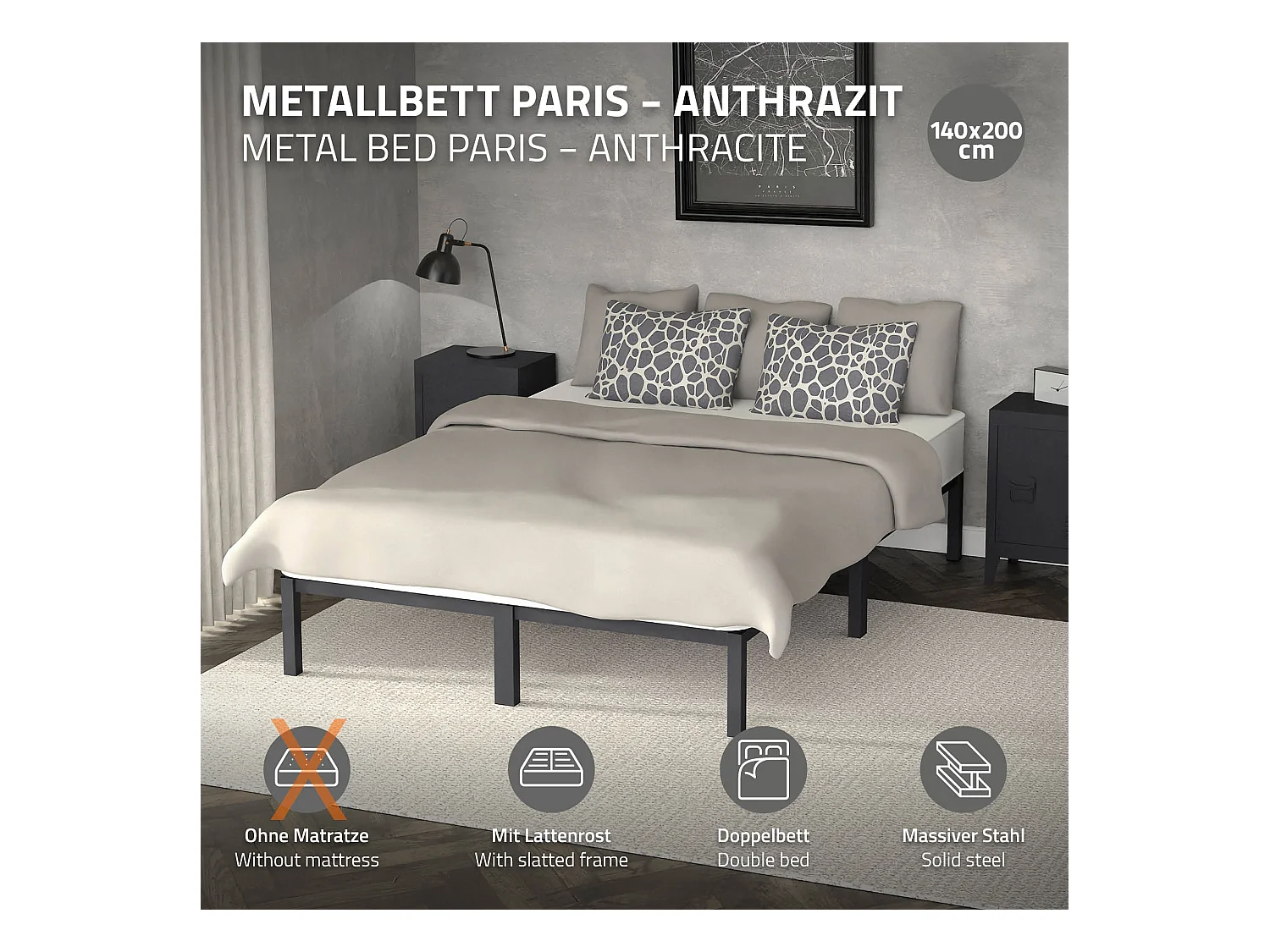 Cadre de lit en acier sommier à lattes anthracite 140 x 200 cm ML-DESIGN