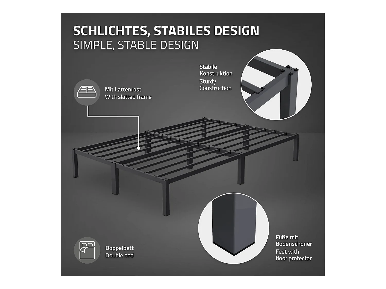 Cadre de lit en acier sommier à lattes anthracite 140 x 200 cm ML-DESIGN