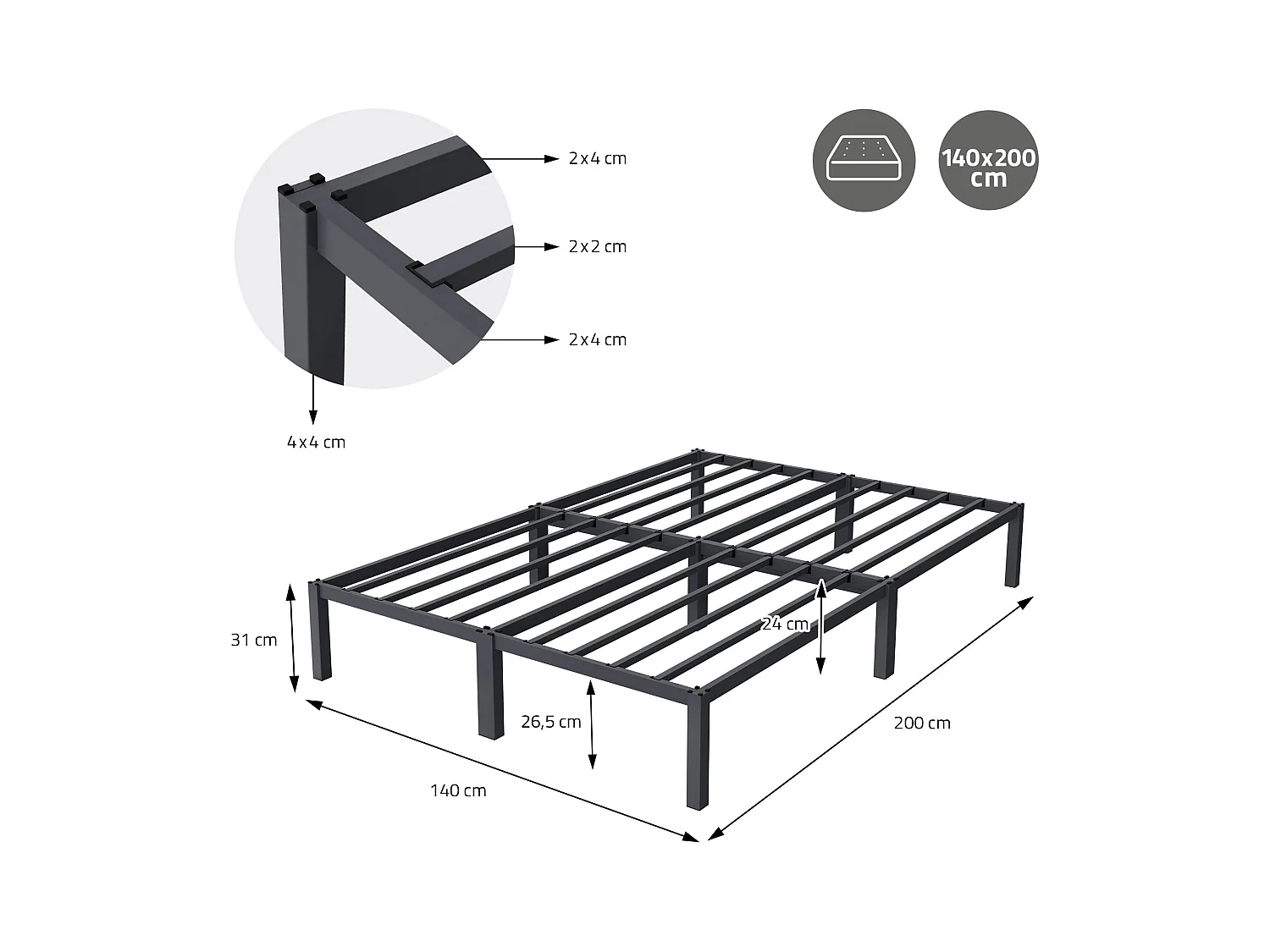 Cadre de lit en acier sommier à lattes anthracite 140 x 200 cm ML-DESIGN