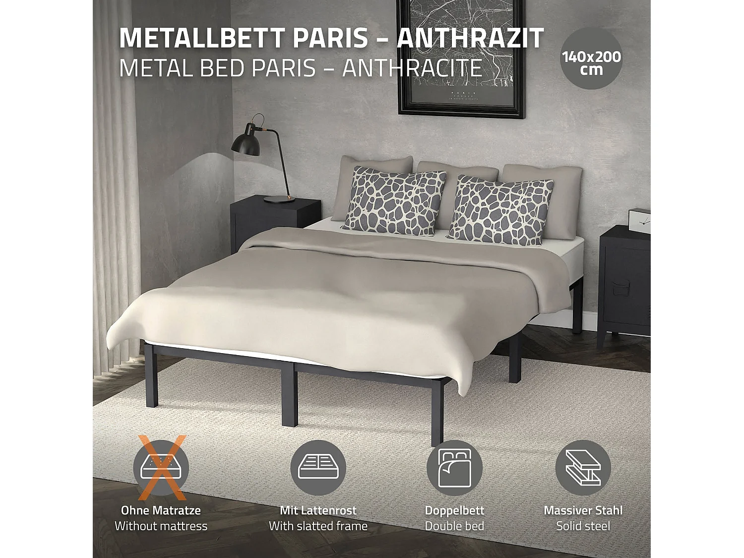 Cadre de lit en acier sommier à lattes anthracite 140 x 200 cm ML-DESIGN