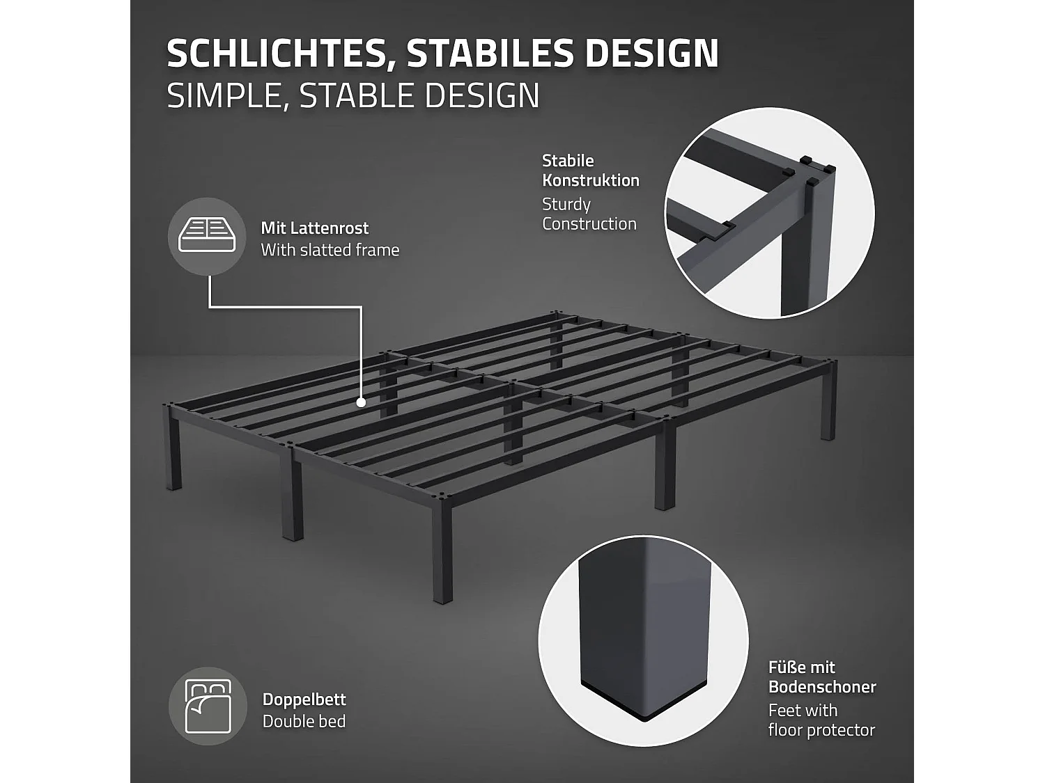 Cadre de lit en acier sommier à lattes anthracite 140 x 200 cm ML-DESIGN