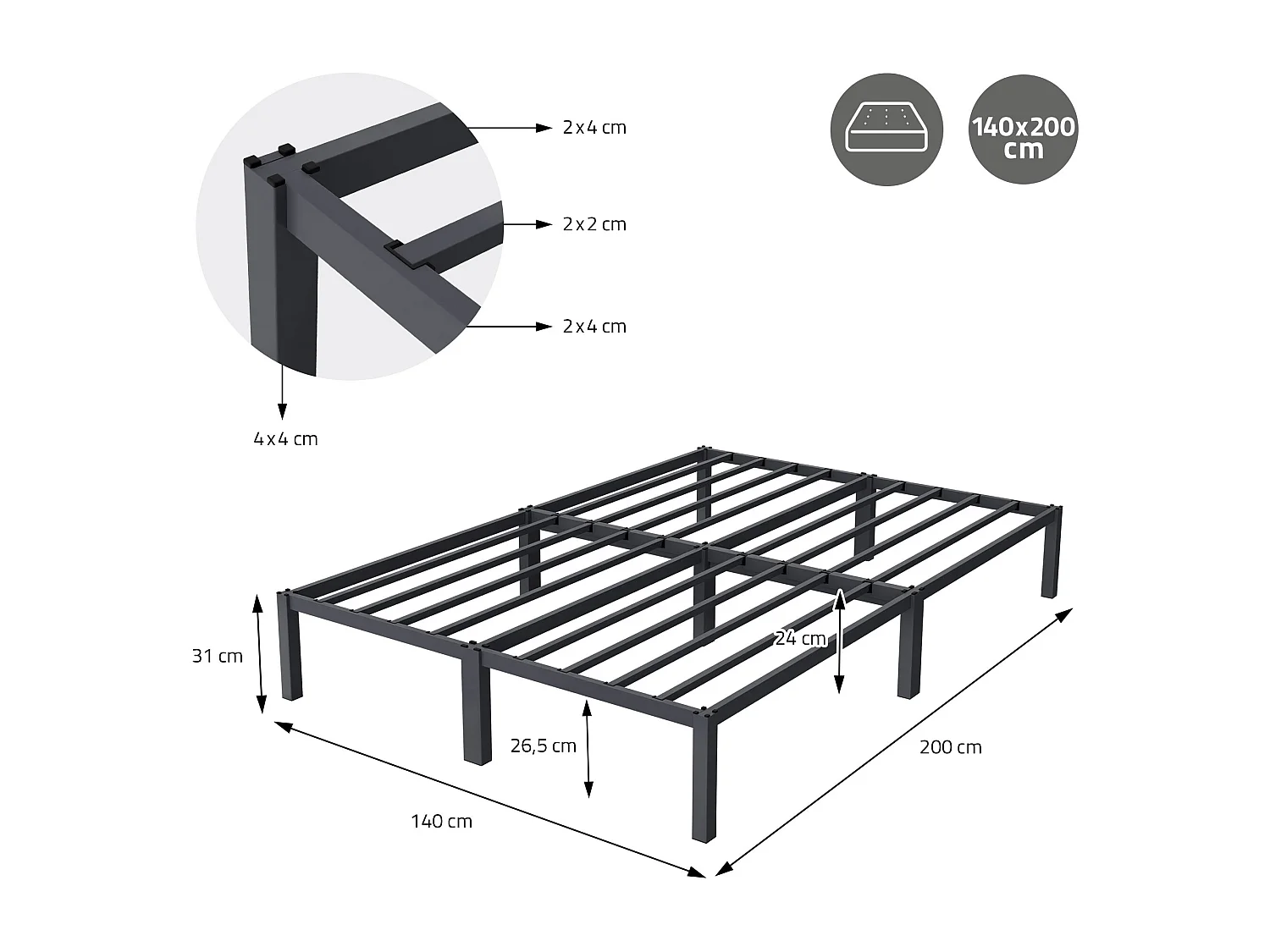Cadre de lit en acier sommier à lattes anthracite 140 x 200 cm ML-DESIGN