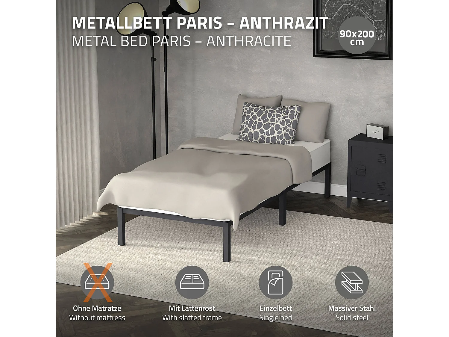 Rete in acciaio a doghe antracite camera da letto 90 x 200 cm ML-DESIGN