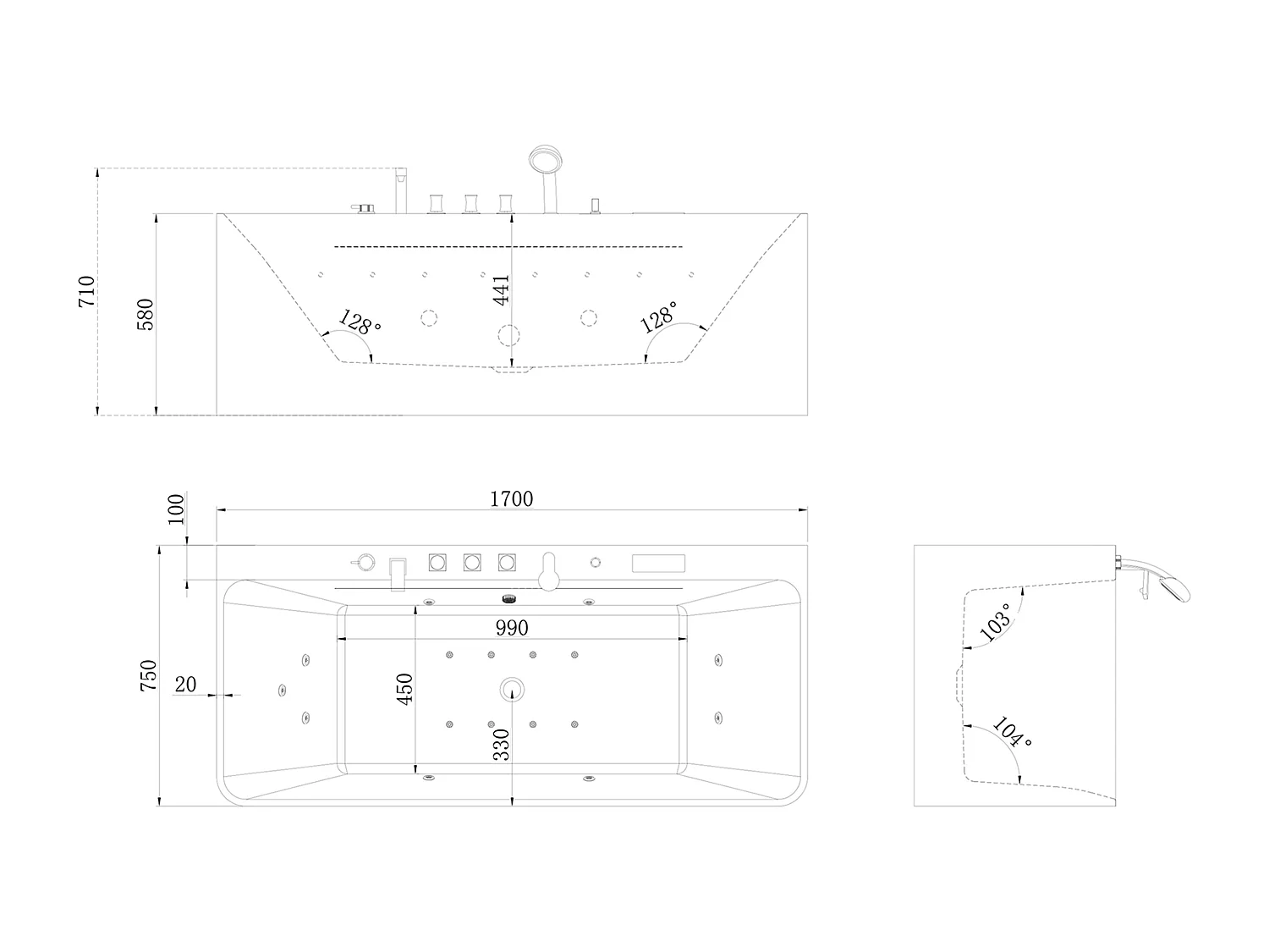 Banheira de hidromassagem semiclássica branca, 1 lugar, 470 L, 170x75 cm - KIRANA