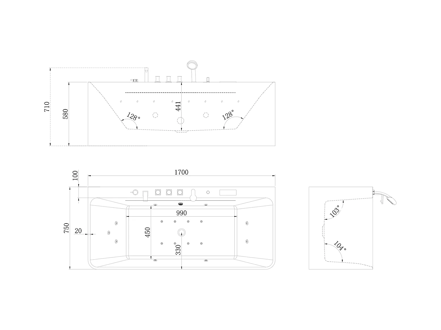 Baignoire balnéo semi-ilot blanche - 1 place - 470 L - 170 x 75 cm - KIRANA