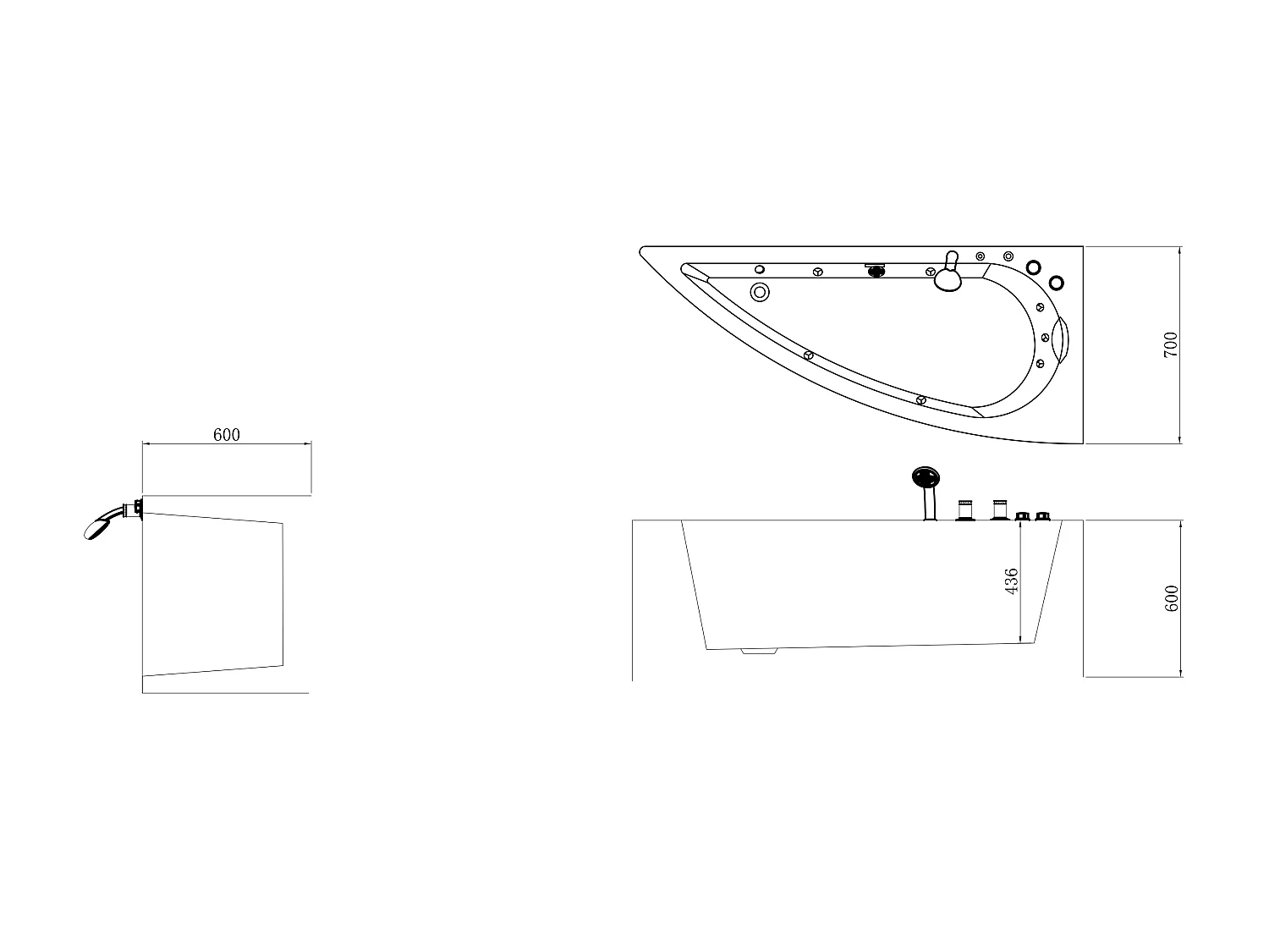 Bañera de hidromasaje asimétrica blanco - 1 plaza - 160 x 75 cm - Ángulo recto - TABANA