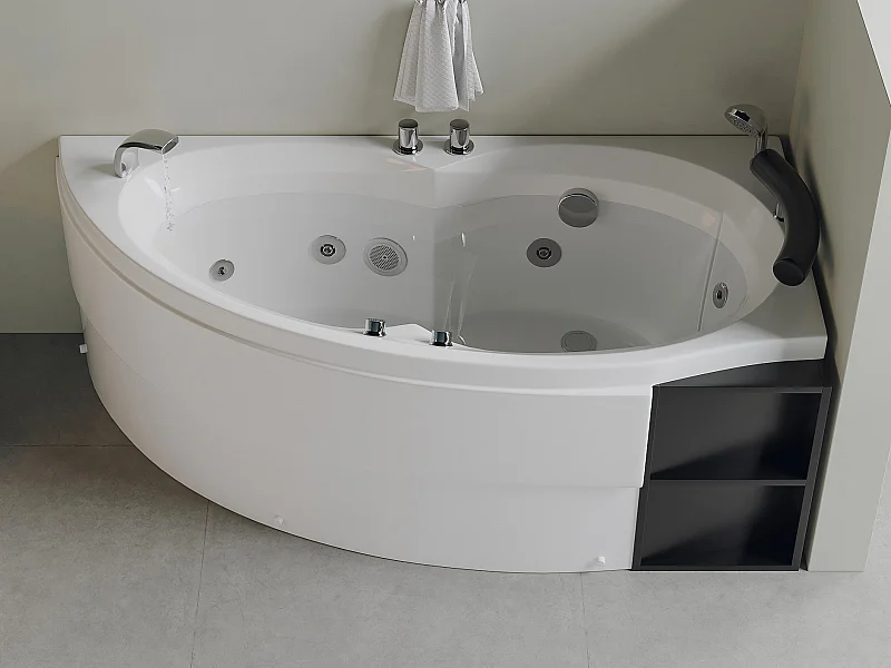 Baignoire balnéo asymétrique blanche avec niches - 1 place - 150 x 100 cm - Angle droit - LUANA