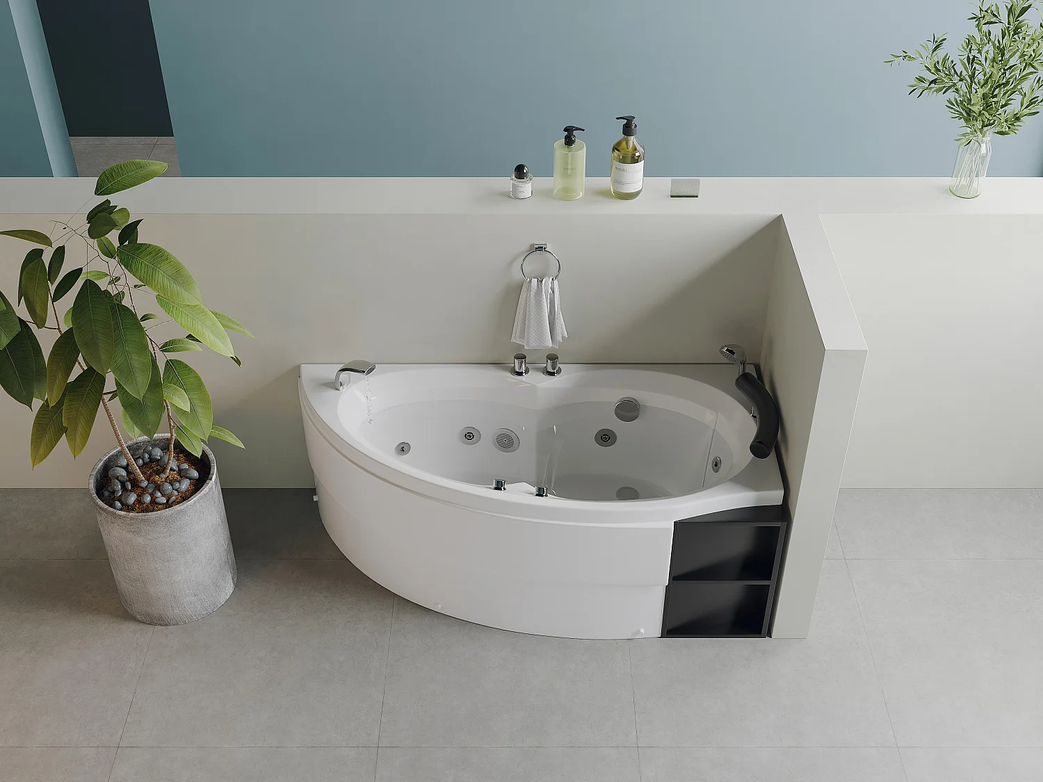 Baignoire balnéo asymétrique blanche avec niches - 1 place - 150 x 100 cm - Angle droit - LUANA