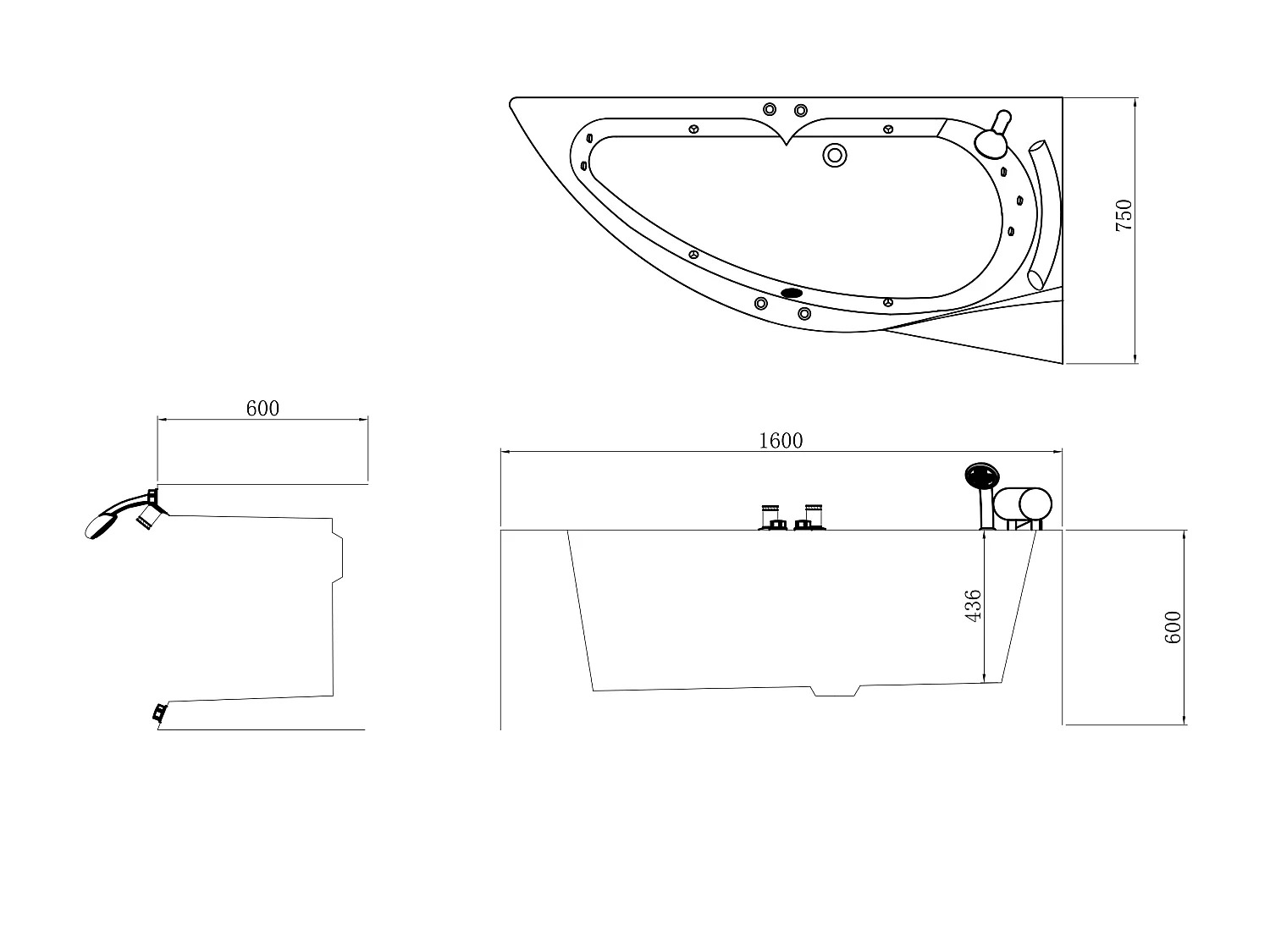 Vasca per balneoterapia asimmetrica con nicchie 1 posto 150 x 100 cm Bianca - Angolo a destra - LUANA
