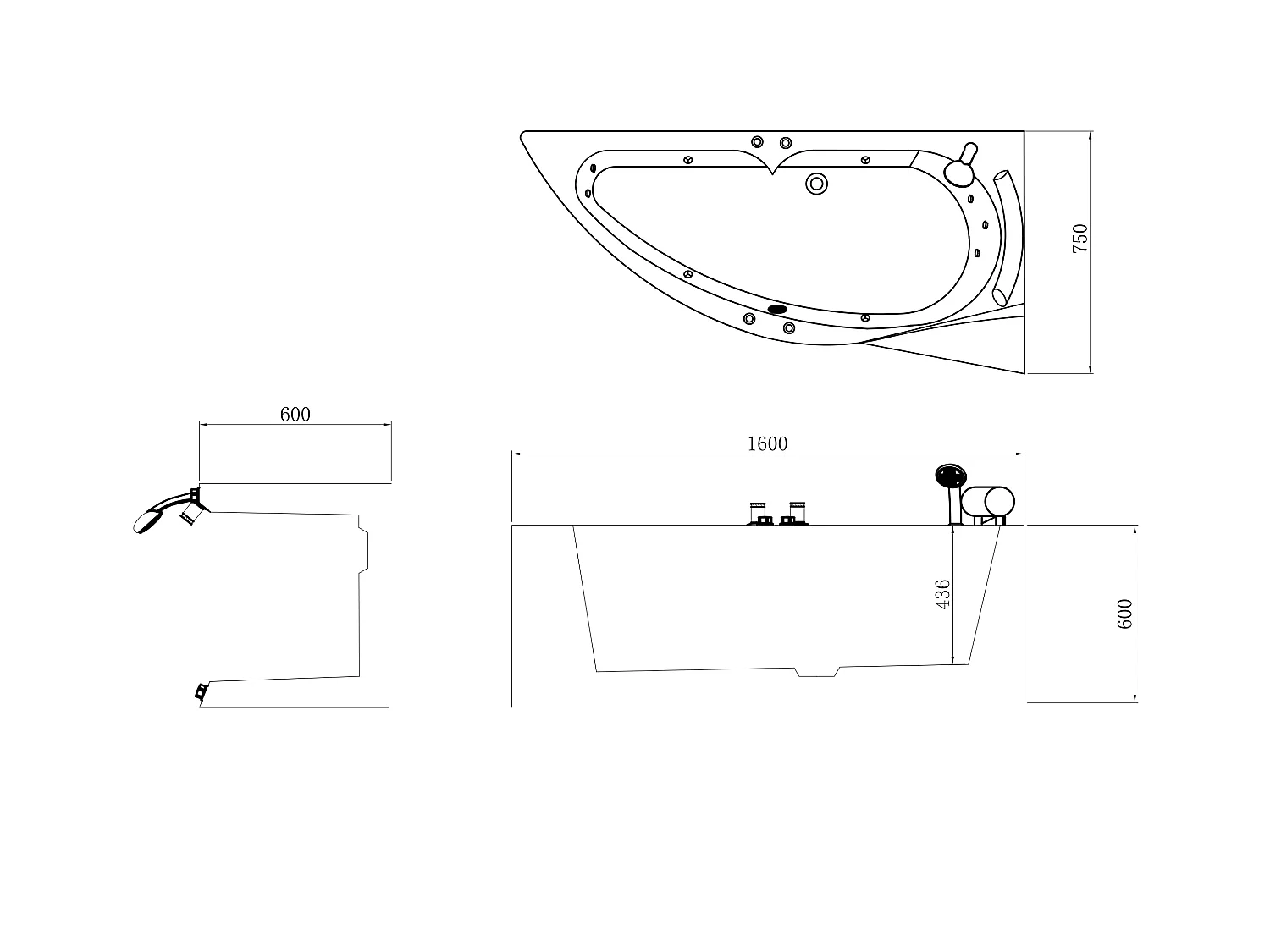 Whirlpool-Badewanne asymmetrisch - Weiß - Mit Ablagefächern - 1 Person - 150 x 100 cm - Ecke rechts - LUANA