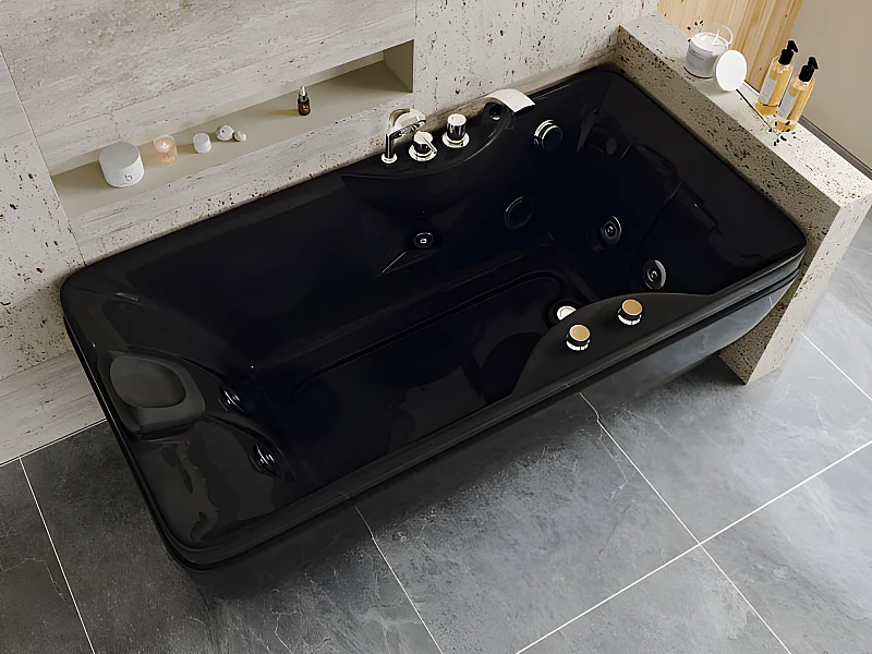 Baignoire balnéo noire - 1 place - 140L - 150 x 75 x 54,5 cm - Angle droit - GAVINO