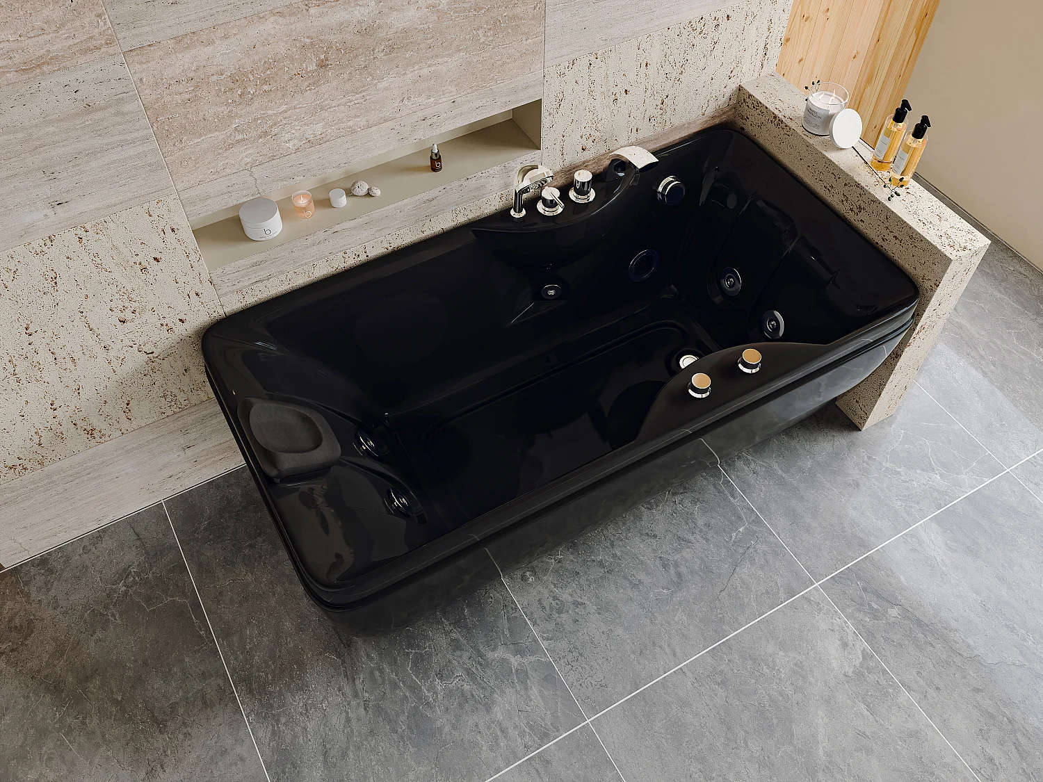 Zwart bubbelbad - 1 plaats - 140L - 150 x 75 x 54,5 cm - Hoek rechts - GAVINO