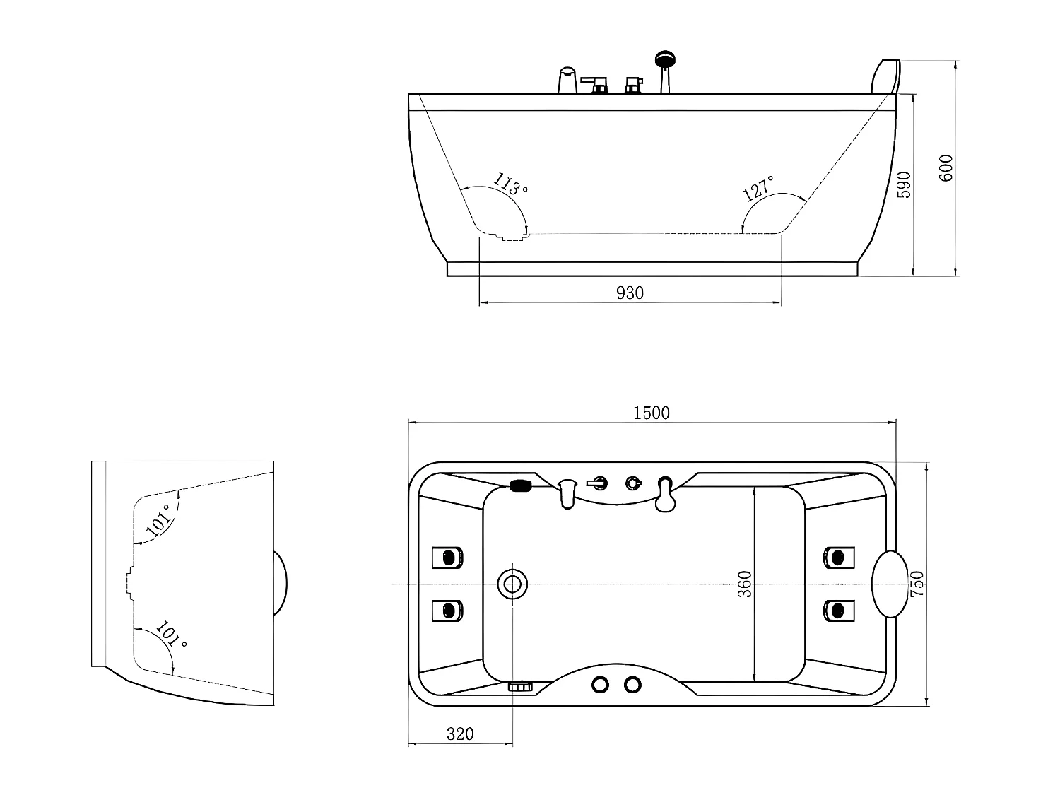 Whirlpool-Badewanne - Schwarz - 1 Person - 140 Liter - 150 x 75 x 54,5 cm - Ecke rechts - GAVINO