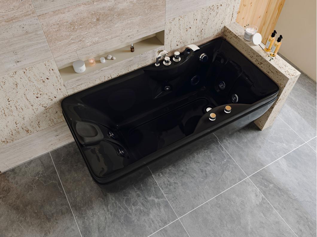 Zwart bubbelbad - 1 plaats - 140L - 150 x 75 x 54,5 cm - Hoek rechts - GAVINO