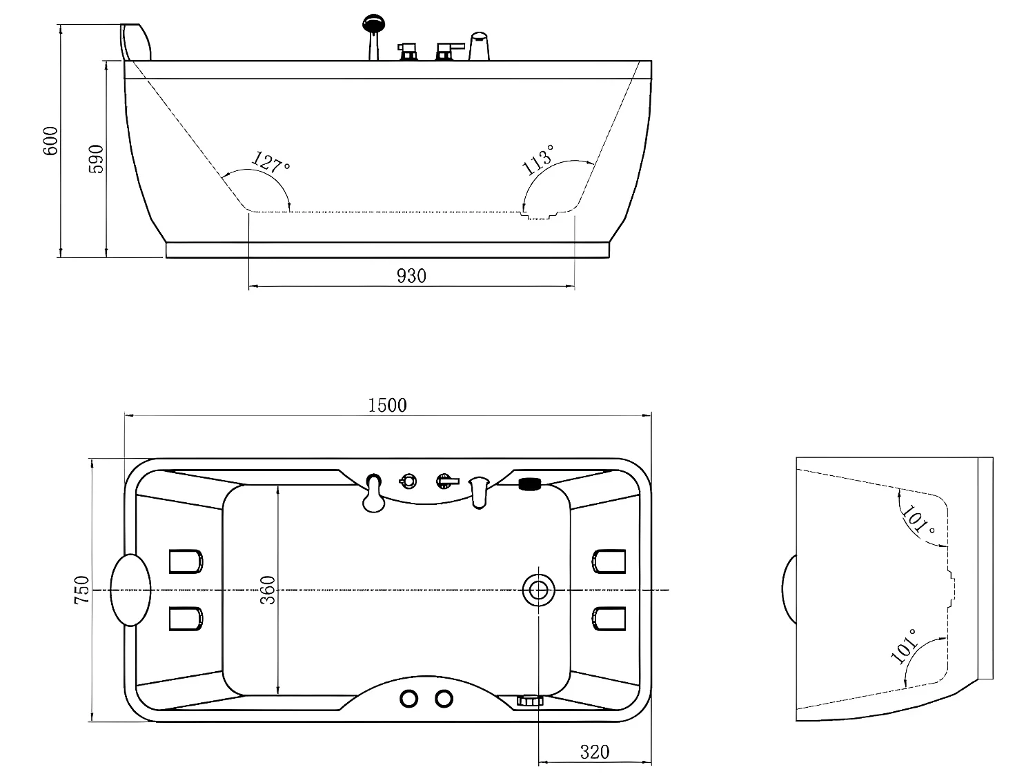 Zwart bubbelbad - 1 plaats - 140L - 150 x 75 x 54,5 cm - Hoek links - GAVINO