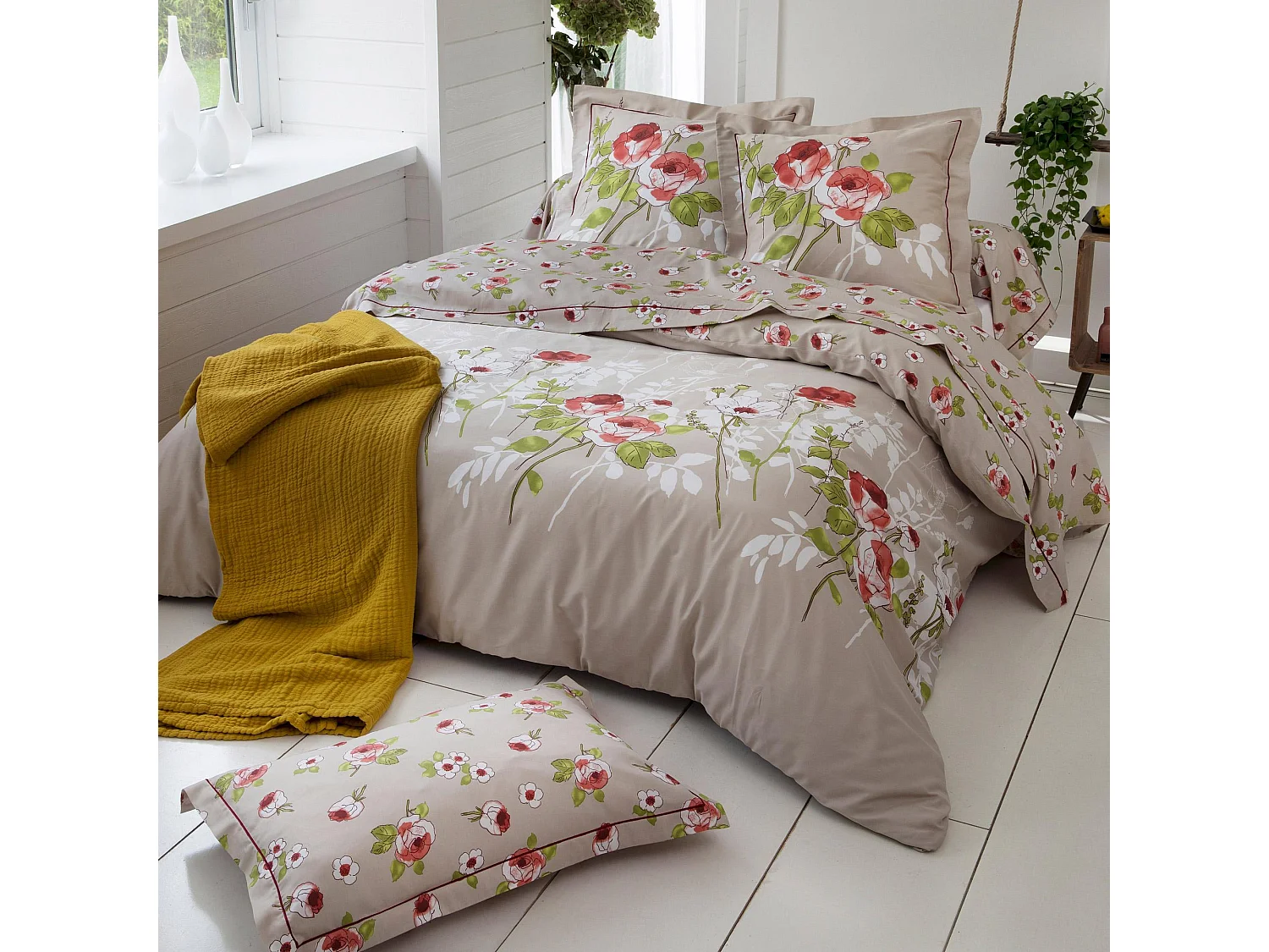 Taie de traversin 140x43 cm satin de coton ROSERAIE beige ficelle