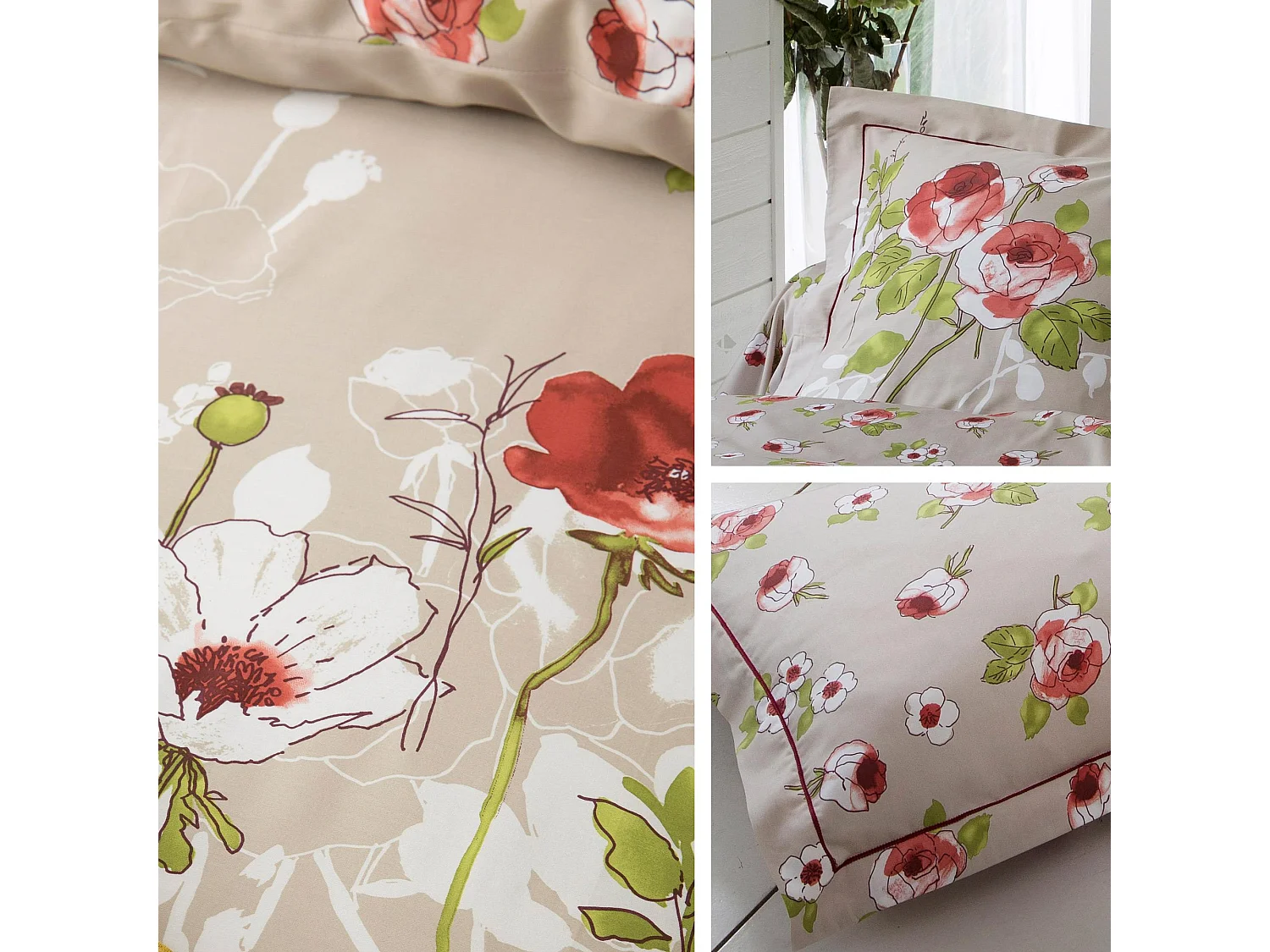 Taie de traversin 140x43 cm satin de coton ROSERAIE beige ficelle